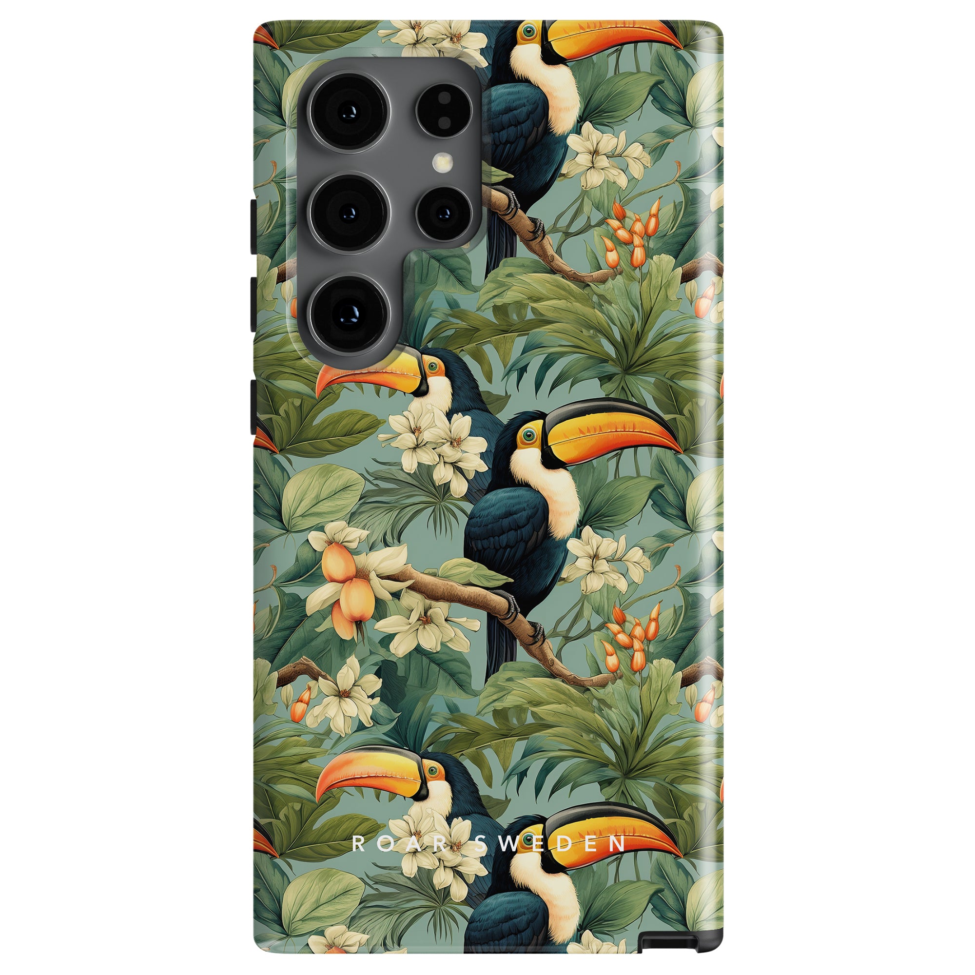 The Ramphastos - Tough Case showcases a vibrant pattern of toucans and tropical foliage in green and orange hues, embodying a sense of tropical elegance.