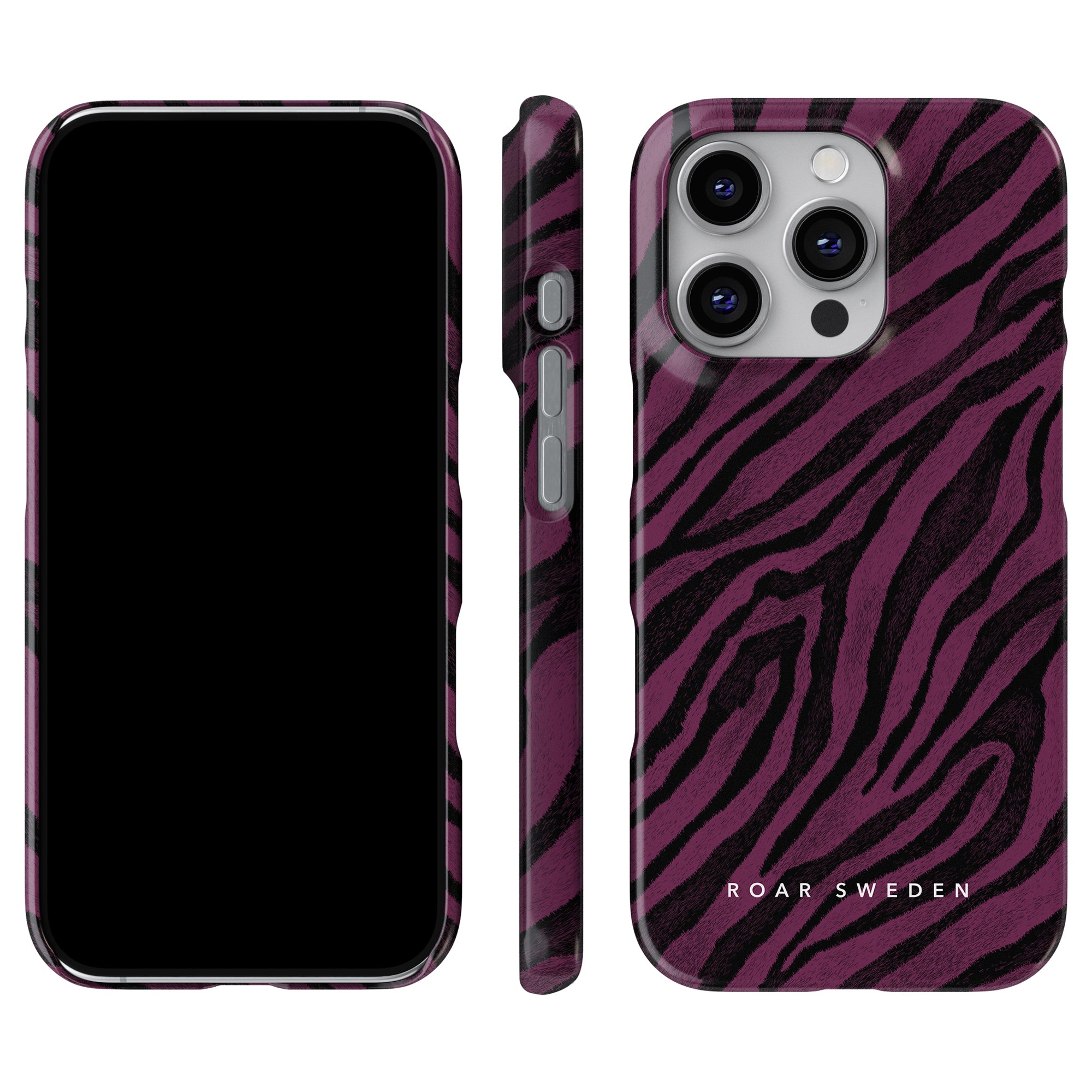 A smartphone featuring a purple and black zebra-striped Shiva Slim Case, with views from three angles, by the brand "Roar Sweden.