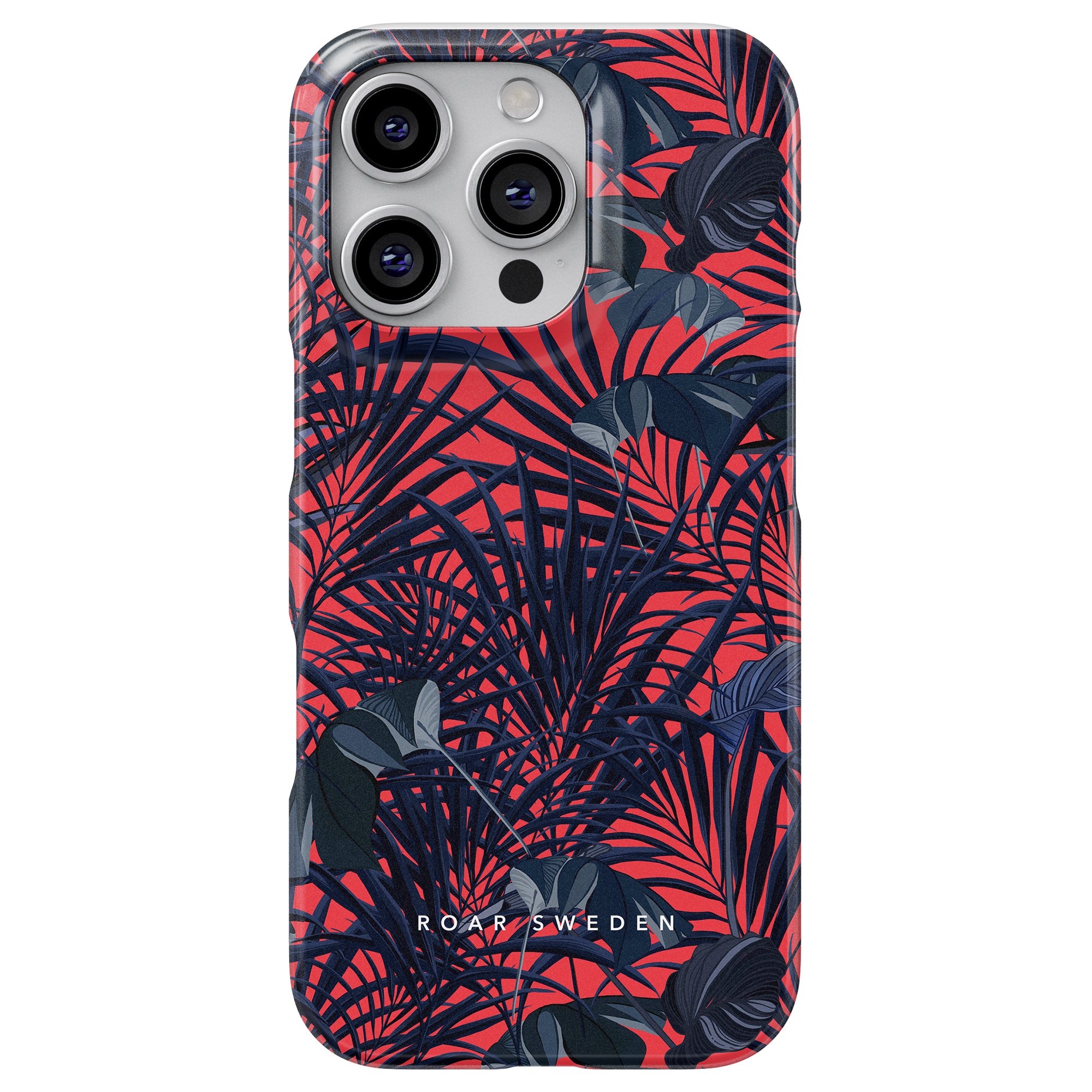 Vi presenterar Red Tropics - Slim Case, ett framstående föremål från Jungle Collection. Denna eleganta design har ett livfullt rött och svart tropiskt lövmönster som elegant sveper runt din smartphone och subtilt inkräktar på kameraområdet.