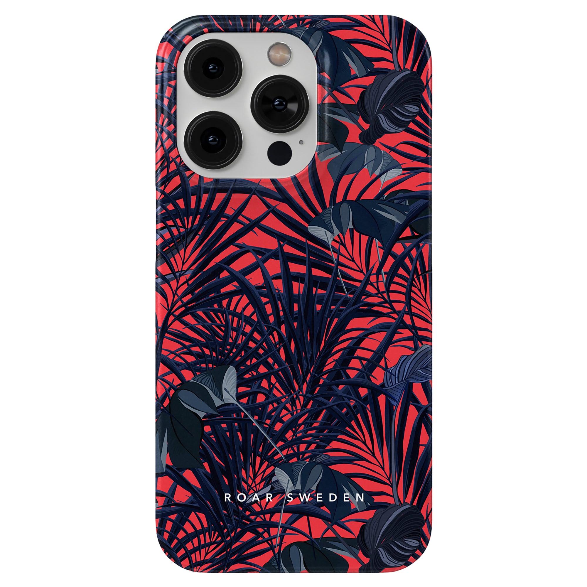 A smartphone with a floral-patterned, slim case featuring dark blue leaves on a red background, part of the Jungle Collection. The Red Tropics - Slim case has "Roar Sweden" branding.
