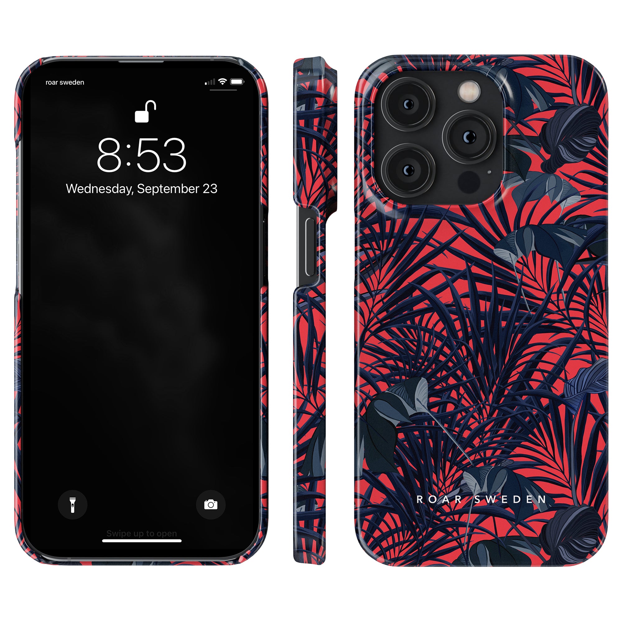 A smartphone with a Red Tropics - Slim case from Roar Sweden, featuring a Red Tropics design from the Jungle Collection, shows the time as 8:53 on Wednesday, September 23. The case is red and black with intricate tropical leaf patterns.