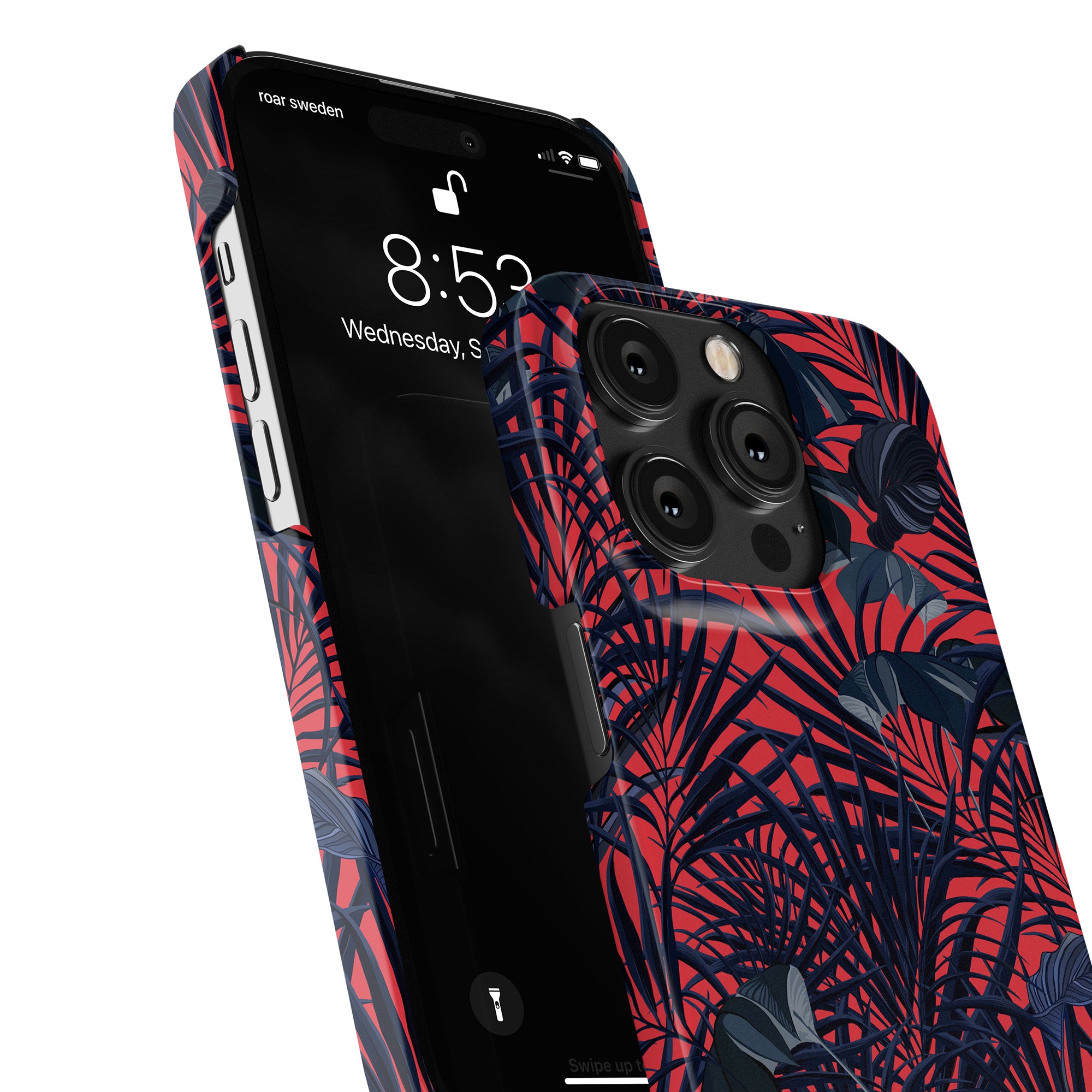 A smartphone with a black screen displaying 8:53, Wednesday, Sept 5, in a Red Tropics - Slim case featuring vibrant red and dark blue leaf patterns.