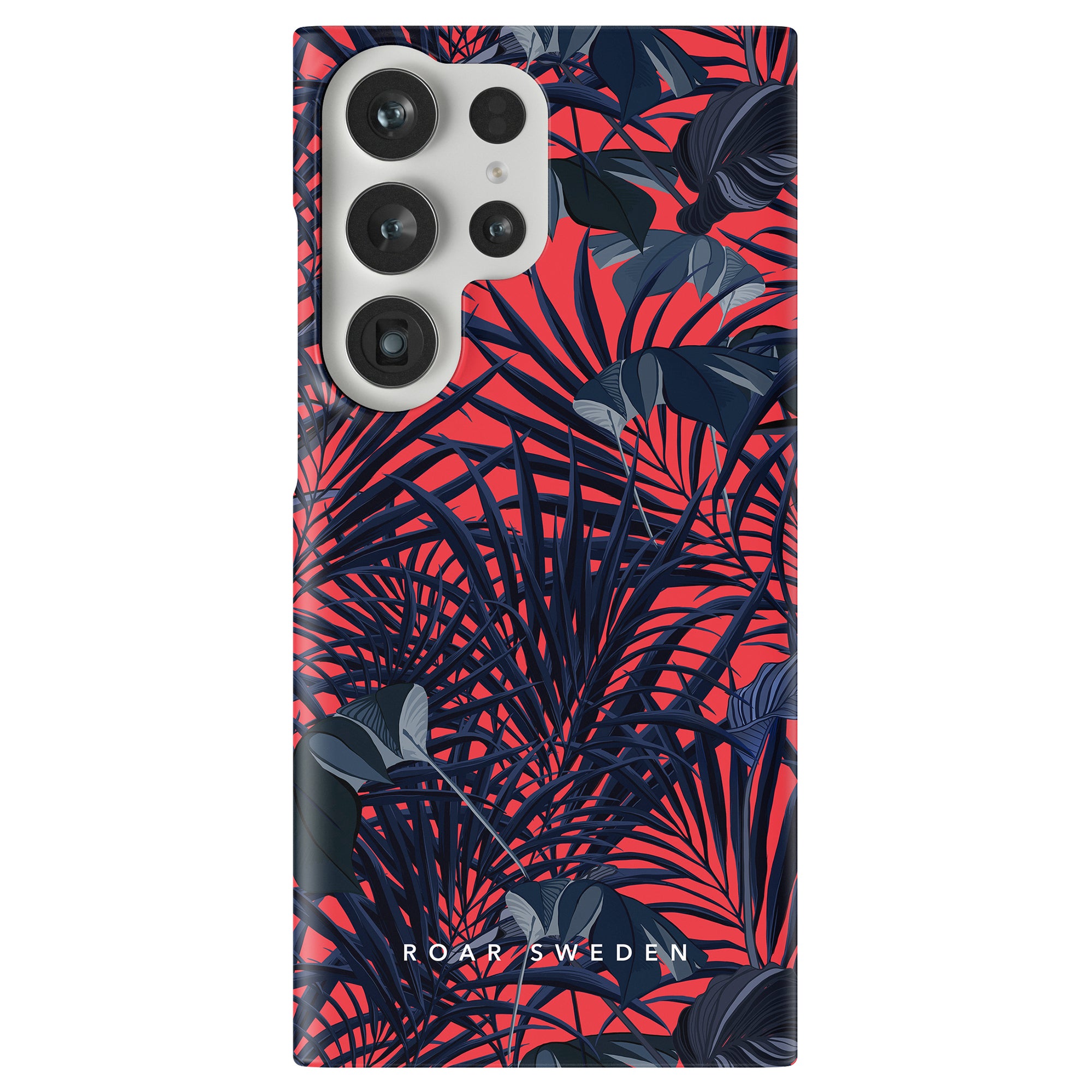 Introducing the Red Tropics - Slim case from our Jungle Collection, featuring a vivid red and black tropical leaf pattern and "ROAR SWEDEN" printed on the bottom. Perfectly embodying the Red Tropics, this case offers both style and protection for your smartphone.