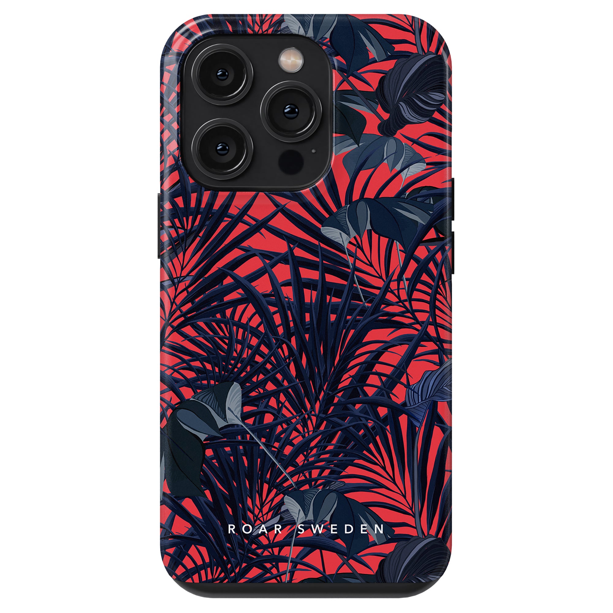 A smartphone with a Red Tropics - Tough Case from the Jungle Collection, showcasing a stunning red and black tropical leaf pattern and triple rear cameras. The mobilskal reads "ROAR SWEDEN" at the bottom.