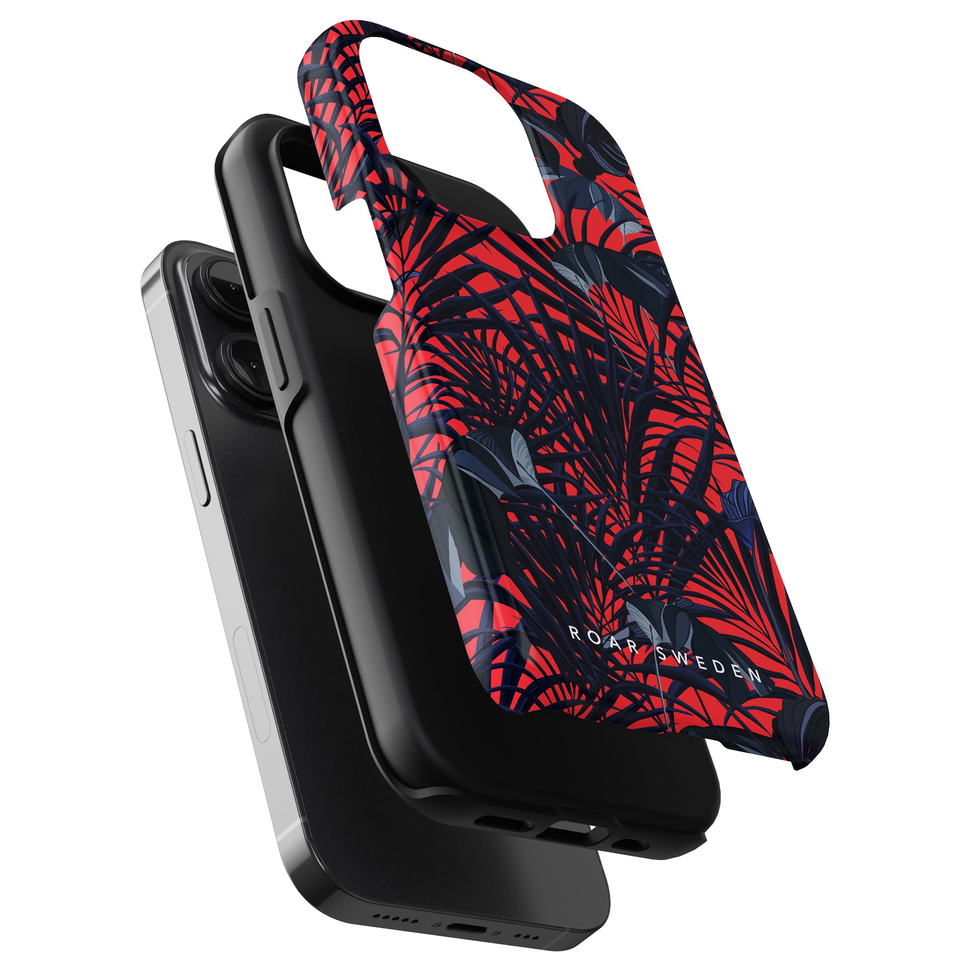 Introducing the Jungle Collection: a smartphone case with a red and black tropical leaf design depicted in an exploded view, showcasing the inner case, outer case, and phone separately. Embrace the allure of Red Tropics - Tough Case with this stylish mobilskal.