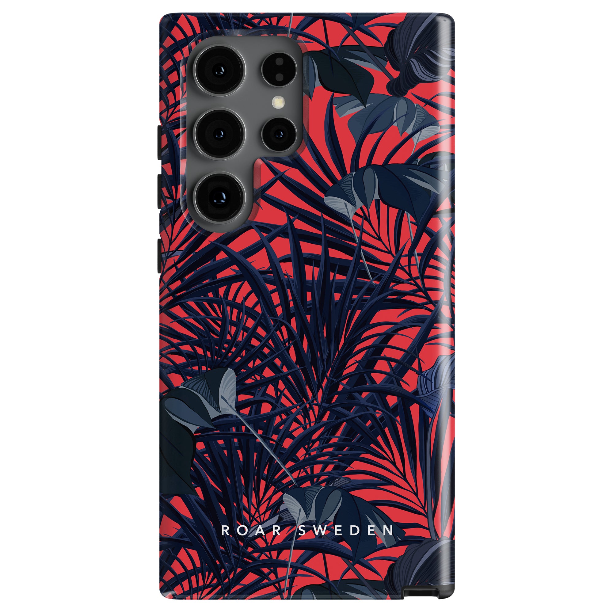 A Red Tropics - Tough Case with a design of blue palm leaves and tropical plants on a red background, part of our exclusive Jungle Collection. The bottom of the case reads "ROAR SWEDEN.