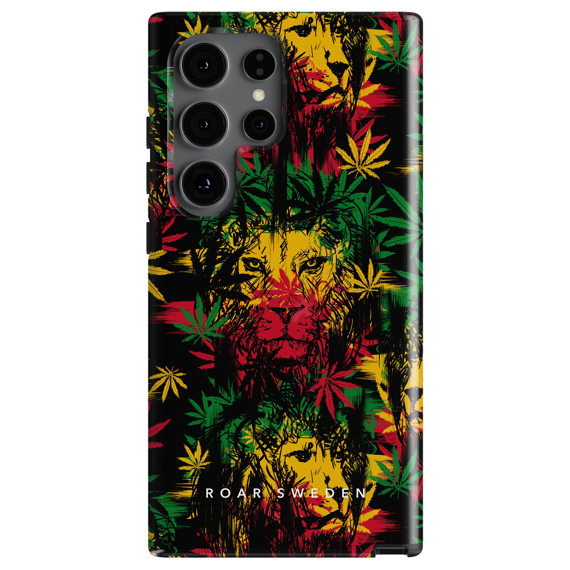 Reggae Lion - Tough case (mobilskal) with a colorful design featuring Reggae Lion and marijuana leaves in red, yellow, and green. The text "ROARSWEDEN" is at the bottom, celebrating jamaicanska kulturen.