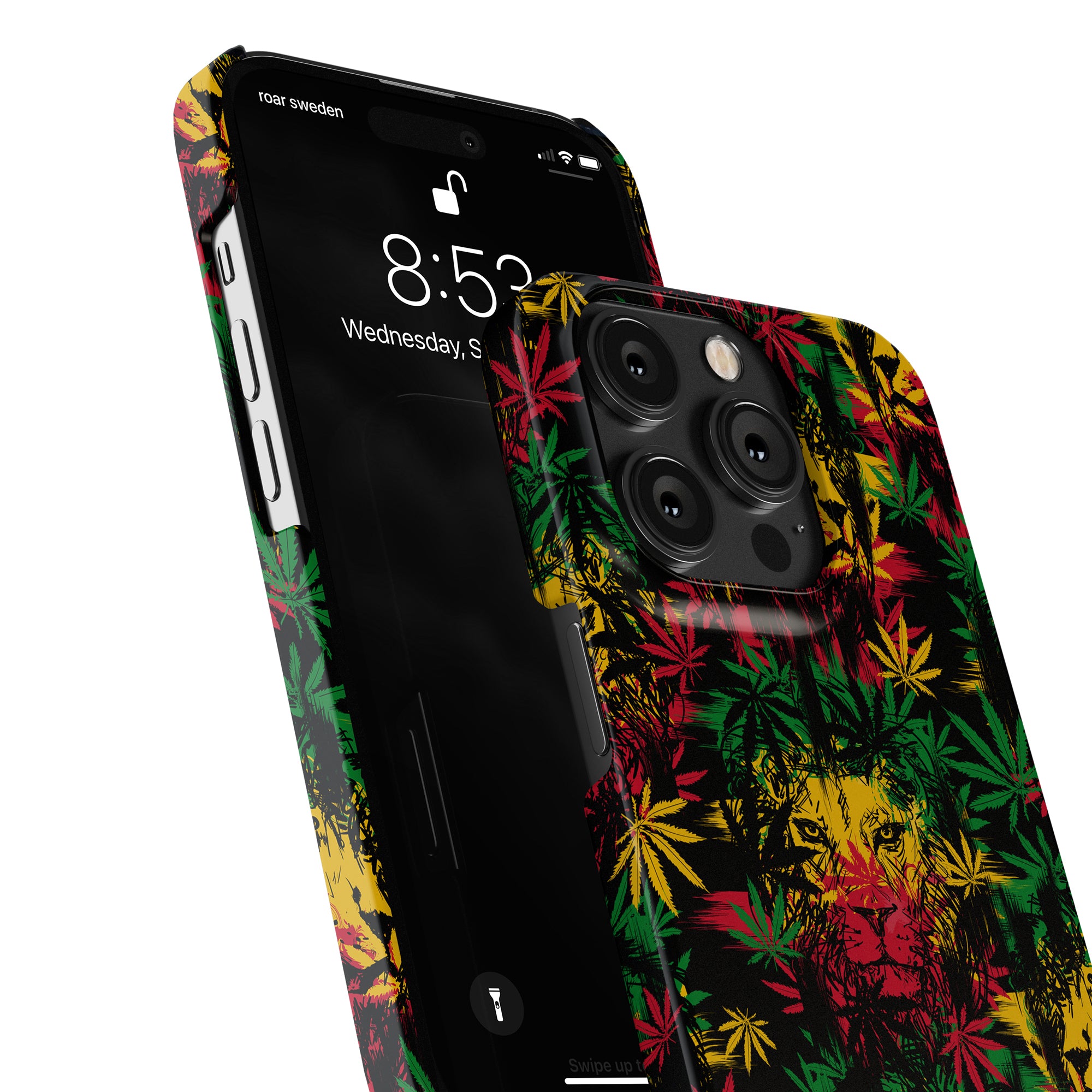 Ett Reggae Lion - Smal telefonfodral inspirerad av jamaicansk kultur, med marijuanablad.
