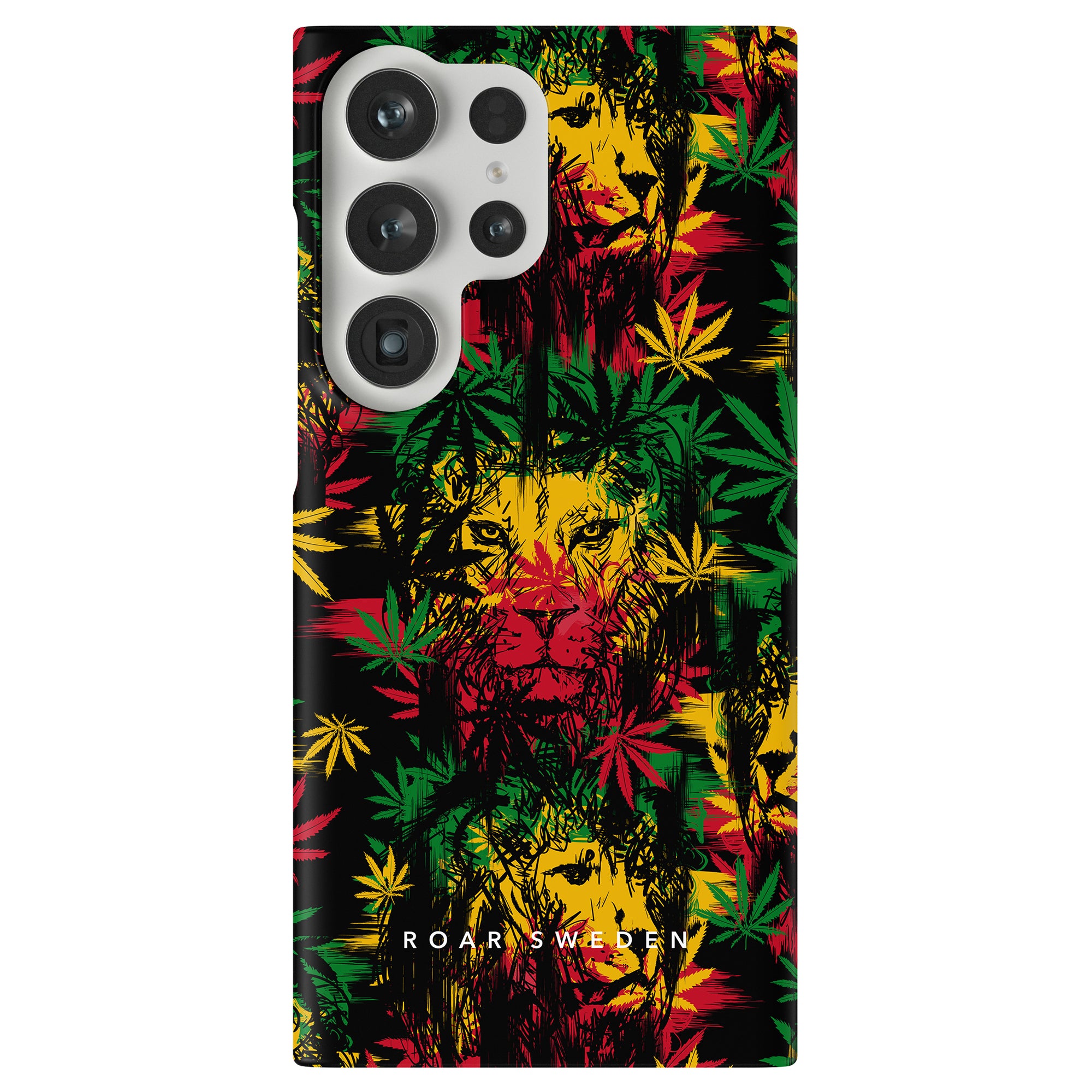 Ett Reggae Lion - Smal telefonfodral som innehåller delar av jamaicansk kultur, med marijuanablad som en framträdande designfunktion.