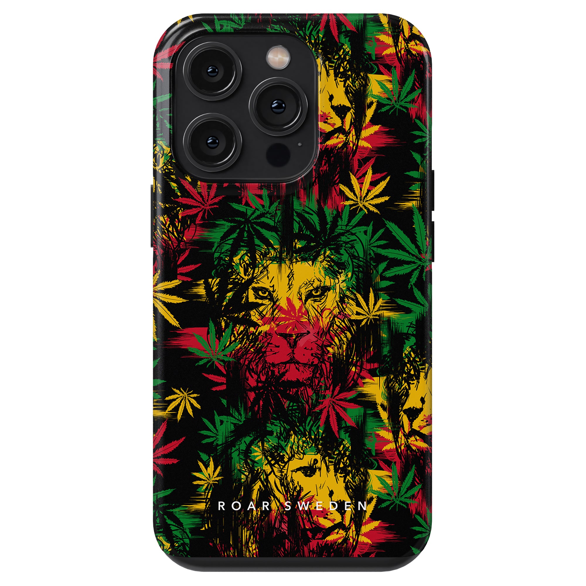 Ett Reggae Lion - Tufft fodral med en lejondesign omgiven av marijuanablad.