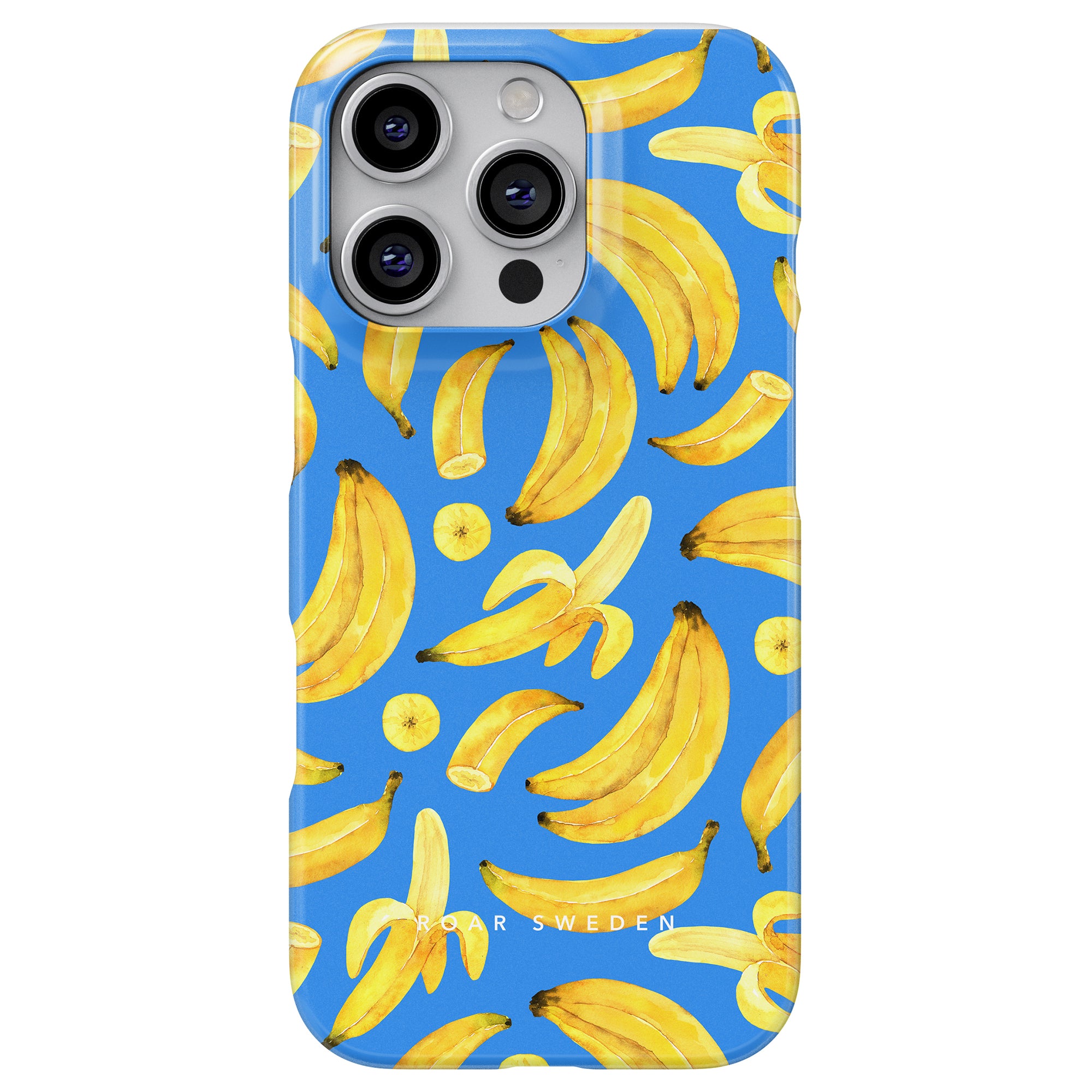 Vi presenterar det slimmade smartphonefodralet Ripe Bananas, som visar upp ett livligt mönster av exotiska frukter med lekfulla mogna bananer på en livfull blå bakgrund.