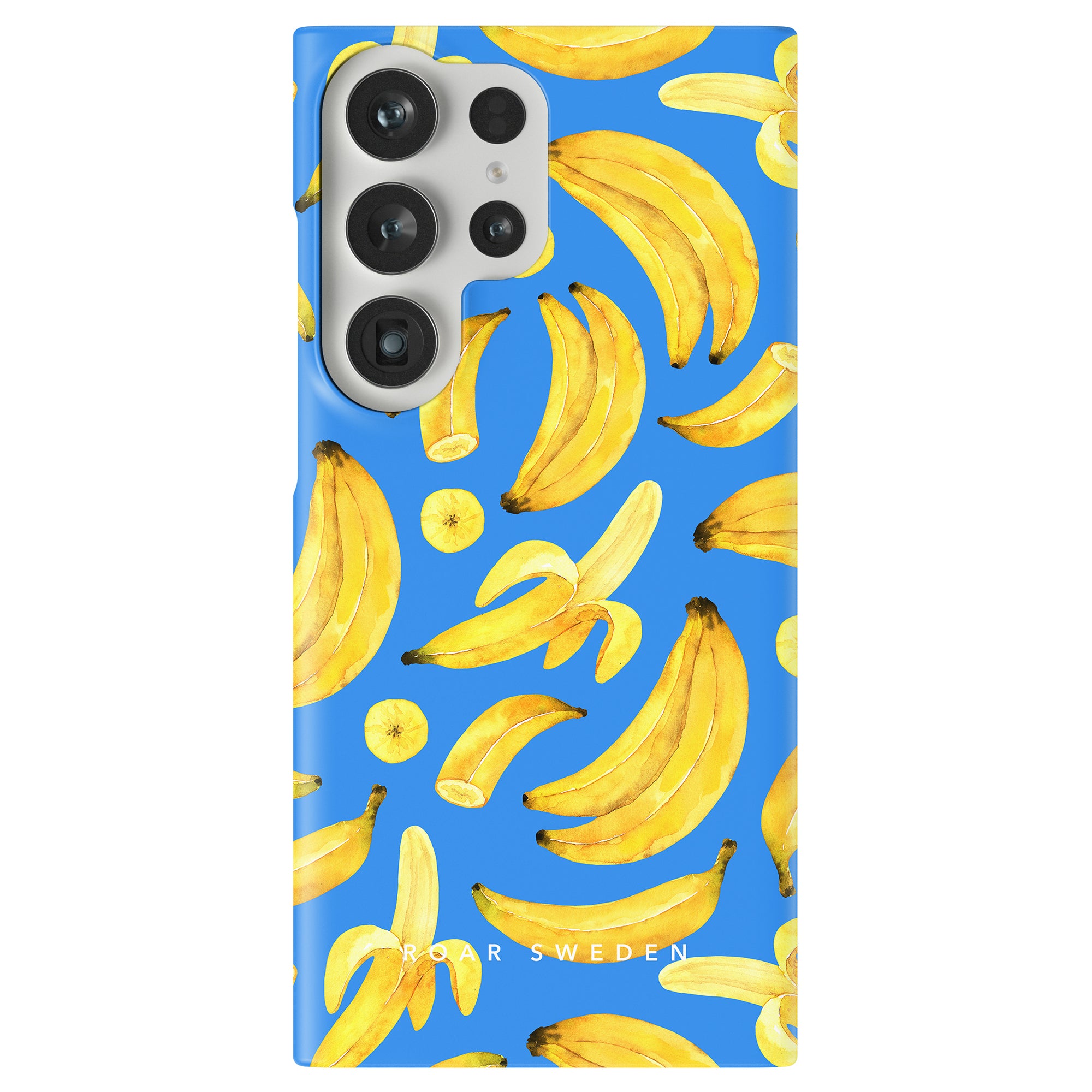 The "Ripe Bananas - Slim case" features a blue background with a pattern of ripe bananas and banana slices, multiple camera cutouts, and the "Roar Sweden" text at the bottom.