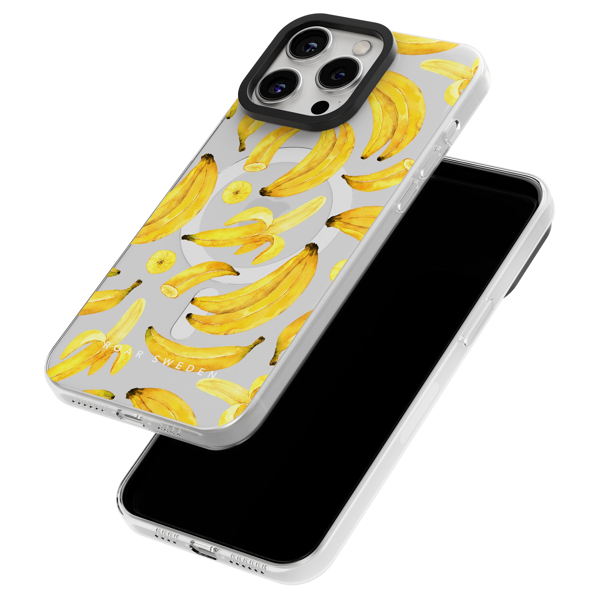 Two smartphone cases, one plain black visible from the front and one from our Ripe Banana - MagSafe series with a yellow banana pattern from our Exotic Fruits Collection, positioned to show both front and back designs.