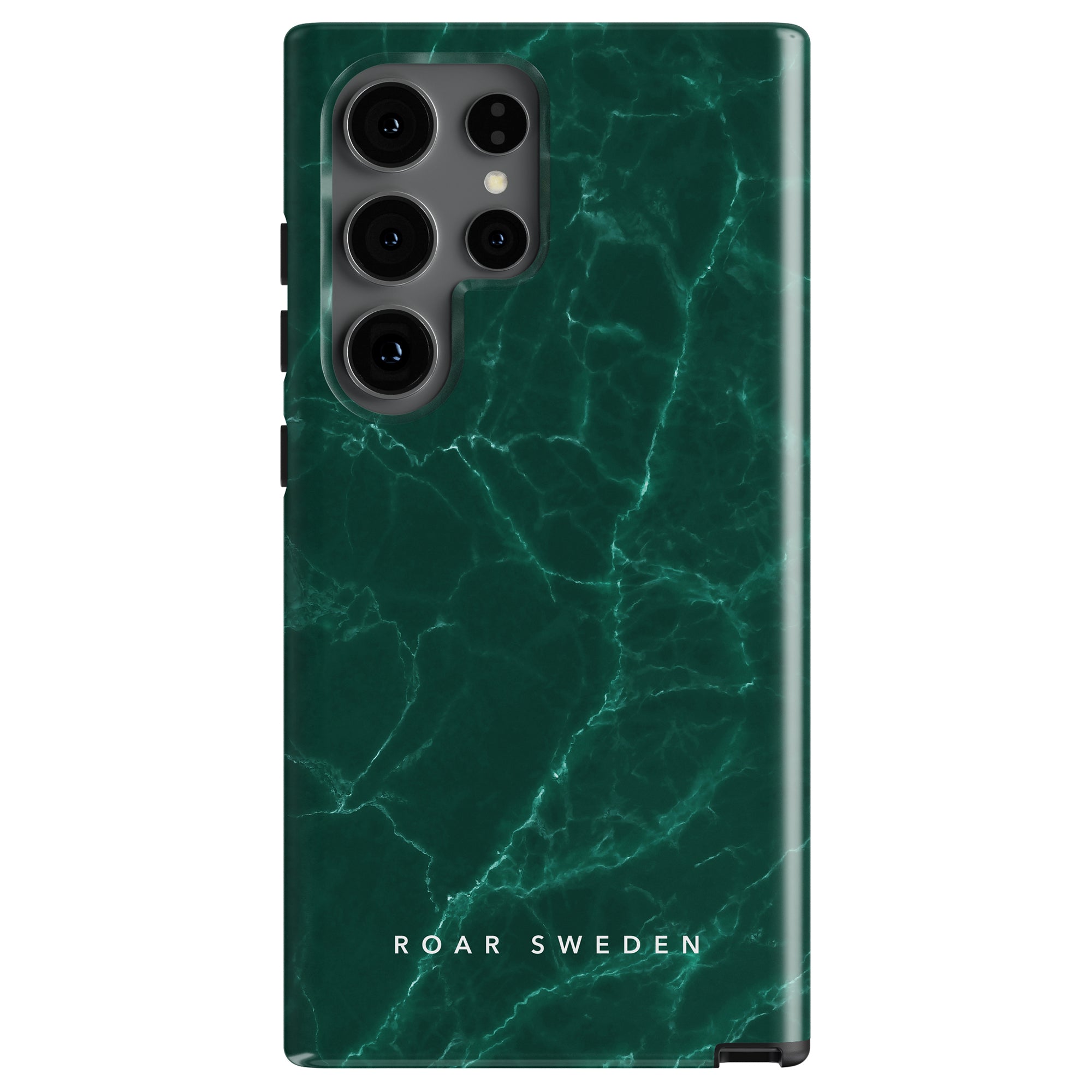 A mobilskal with a green marble havsinspirerade design and black camera cutouts. The lower part of the case features the text "ROAR SWEDEN" in white, making it a Ripples - Tough Case that's both stylish and durable.