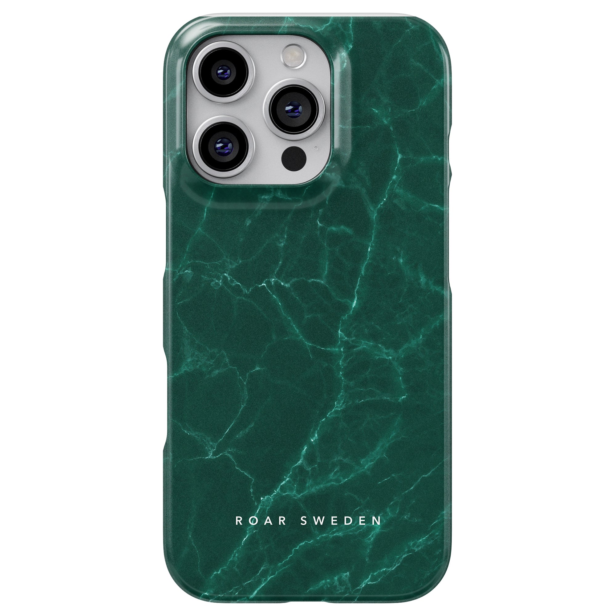 En smartphone skyddad av Ripples Slim Case, som framhäver en grön marmormönstrad design som frammanar tropiska vatten och visar "ROAR SWEDEN" vid basen.