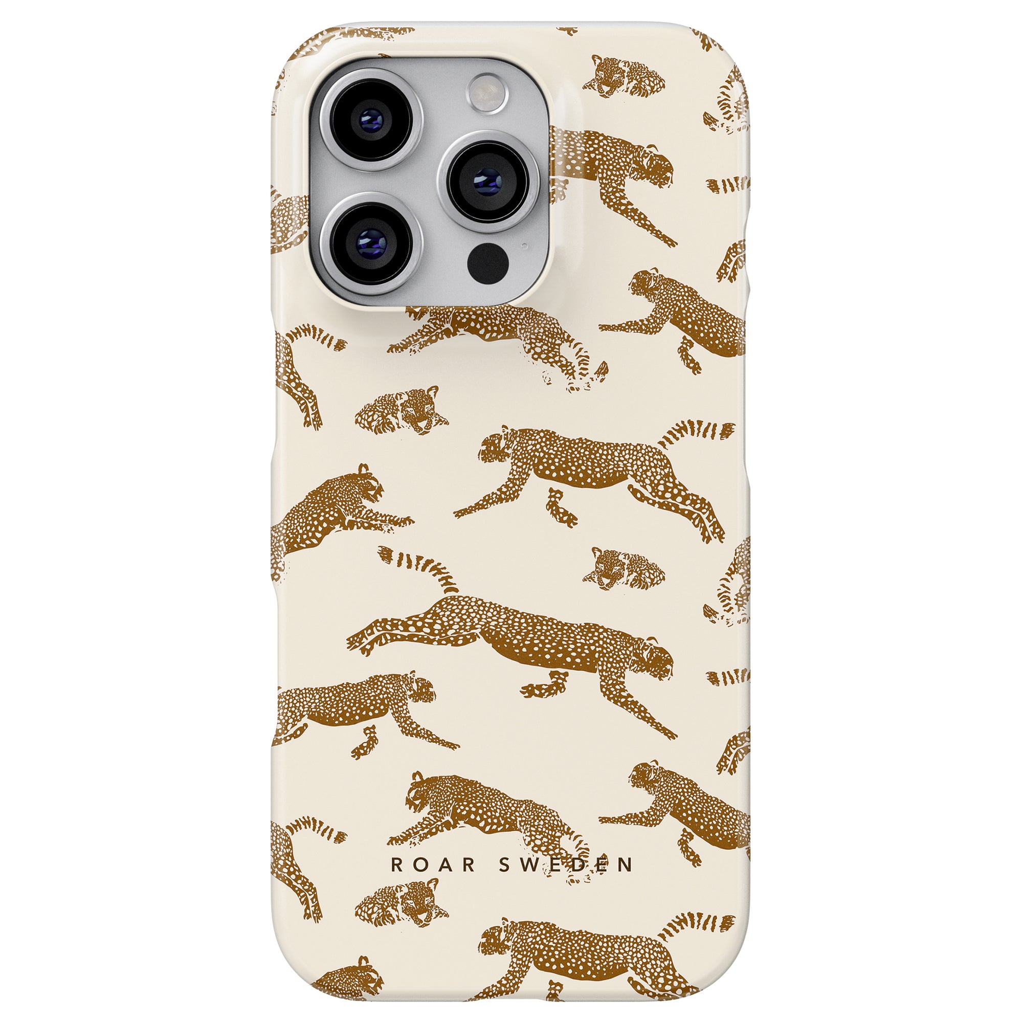 Vi presenterar "Ritzy - Slim case", en snygg mobilskal designad med ett mönster av bruna leoparder på en beige bakgrund, balanserande mode och hållbarhet. Orden "ROAR SWEDEN" är elegant tryckta nära botten för en extra touch av sofistikering.