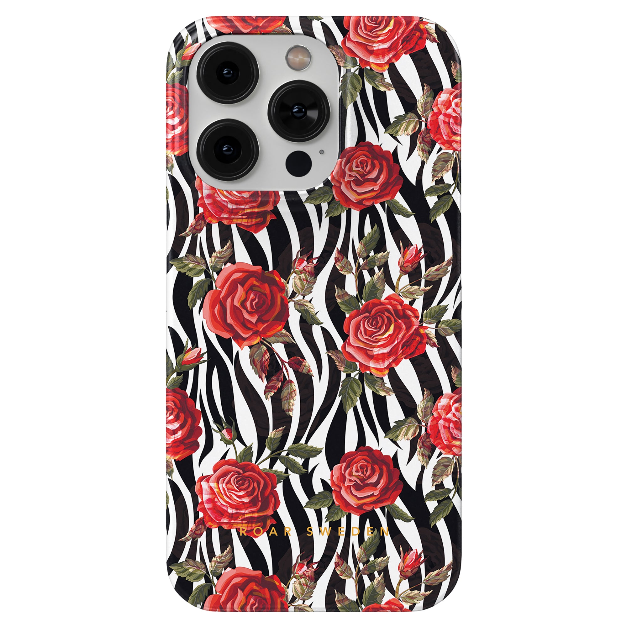 A smartphone with a "Rose - Slim case" from the Floral Collection, featuring a zebra-stripe pattern interspersed with red roses and green leaves, and has "ROAR SWEDEN" printed on it.