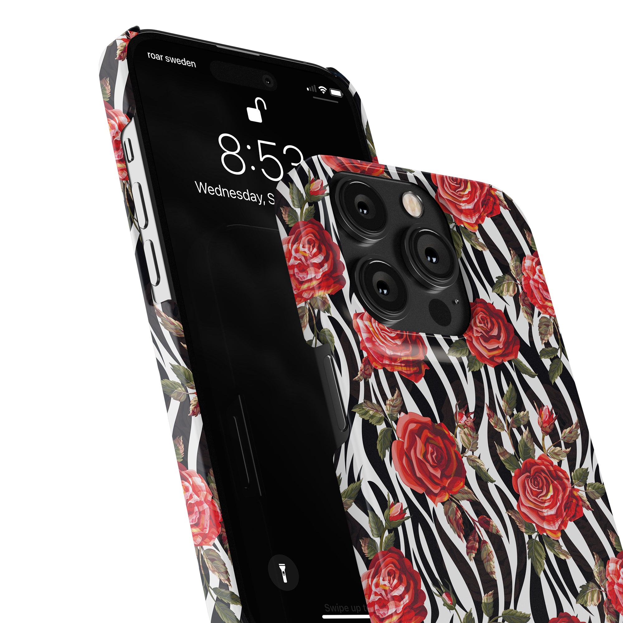 Close-up of a smartphone with a black screen showing the time 8:53, featuring the Rose - Slim case from the Floral Collection with a zebra and red rose pattern.