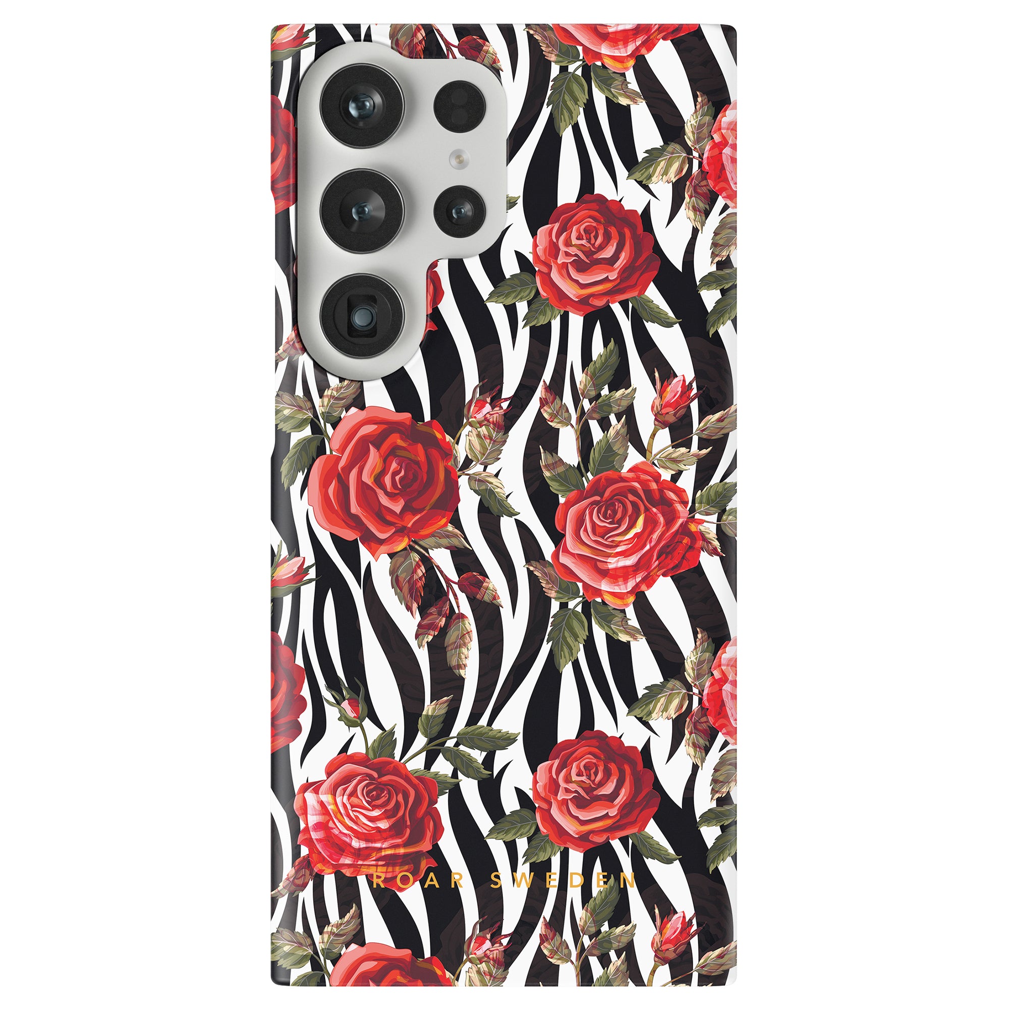 Part of the elegant Floral Collection, the Rose - Slim case features a zebra stripe background adorned with red roses and green leaves.