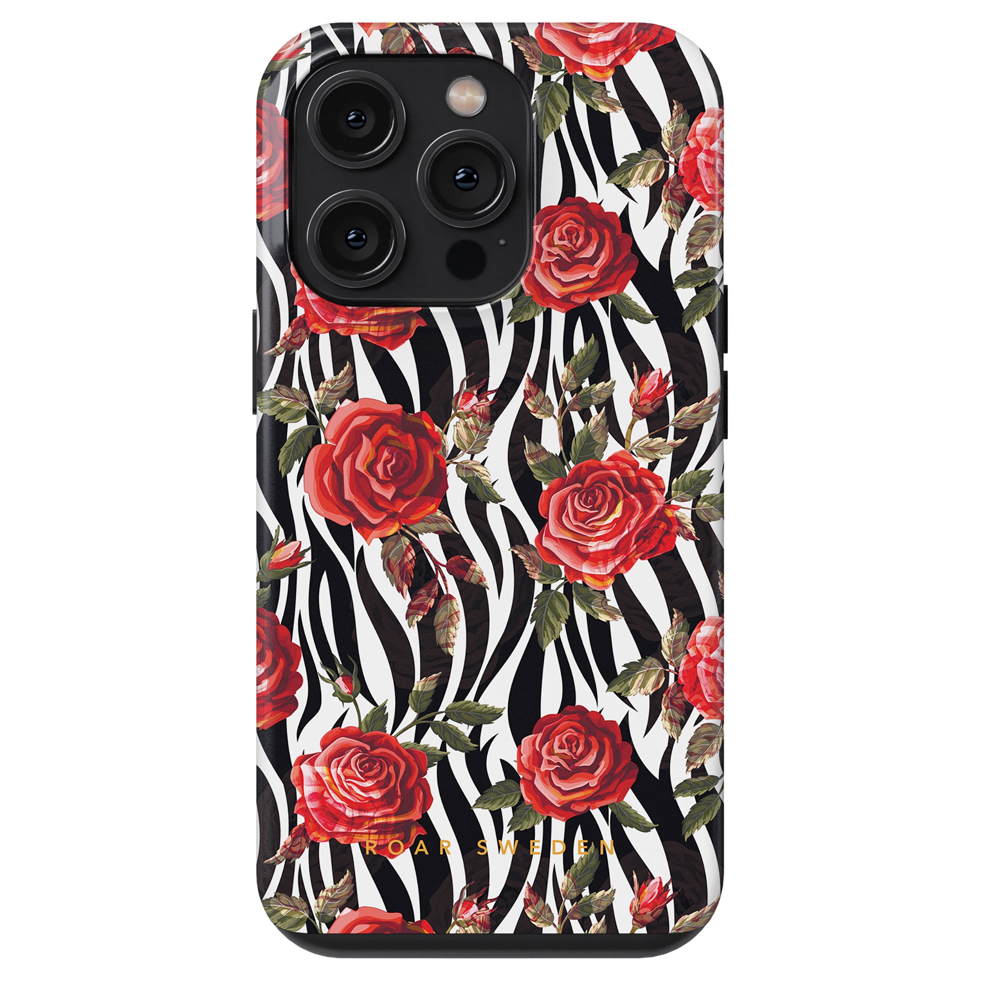 Introducing the Rose - Tough case from our Floral Collection, featuring a sturdy design with a black and white zebra stripe pattern adorned with red roses and green leaves.