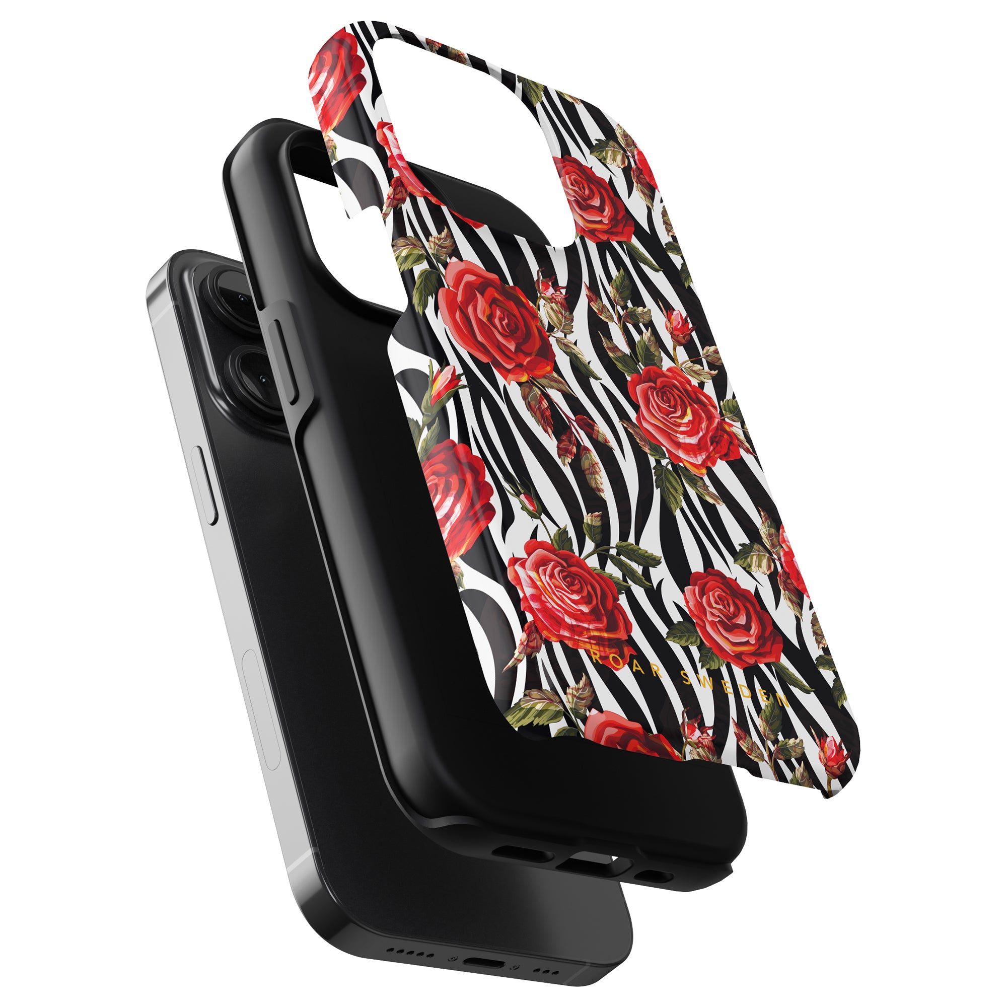 An exploded view of a smartphone with a plain black mobilskal and the Rose - Tough case from the Floral Collection, featuring a red rose pattern against a black and white striped background.