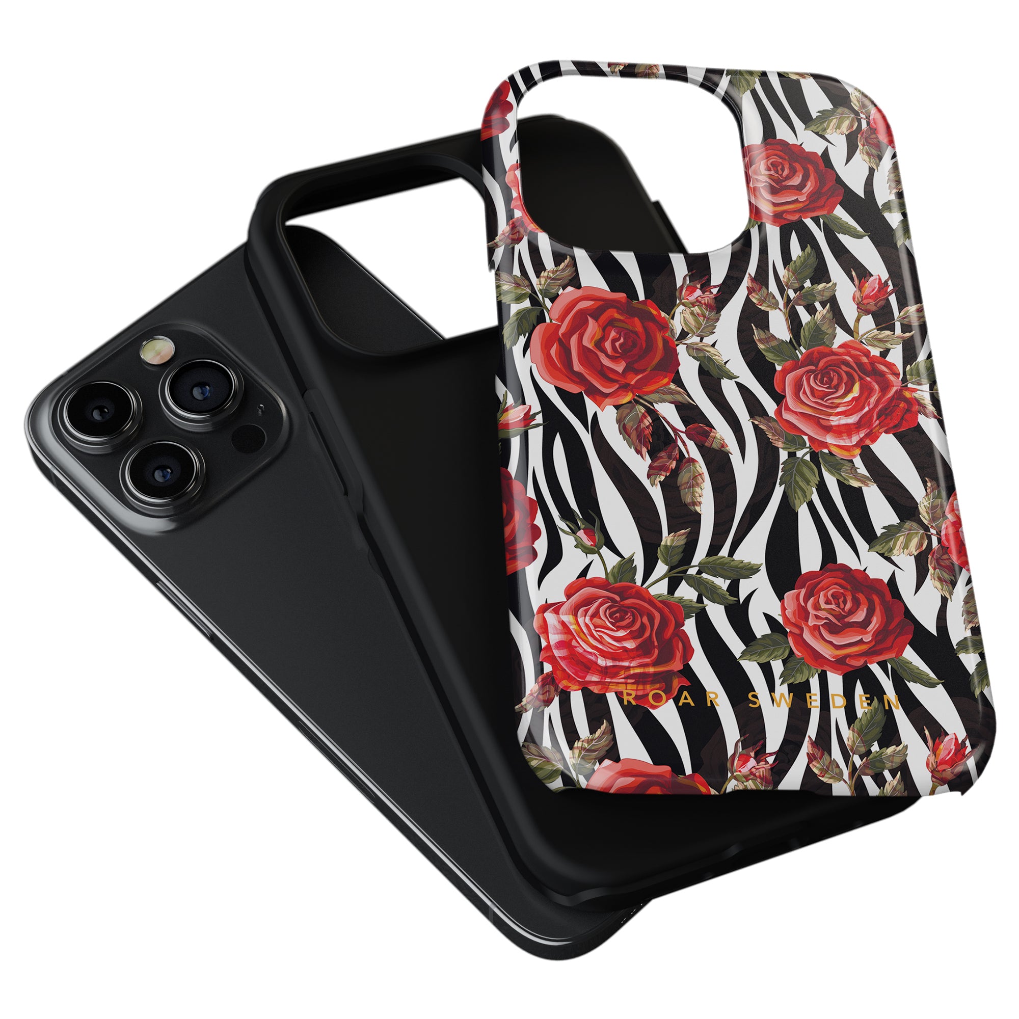 Two cell phone cases from the Floral Collection, one plain black and the other the Rose - Tough case featuring a zebra stripe and red rose pattern, are displayed overlapping each other. Perfect for those seeking style with stöttålig durability in their mobilskal.