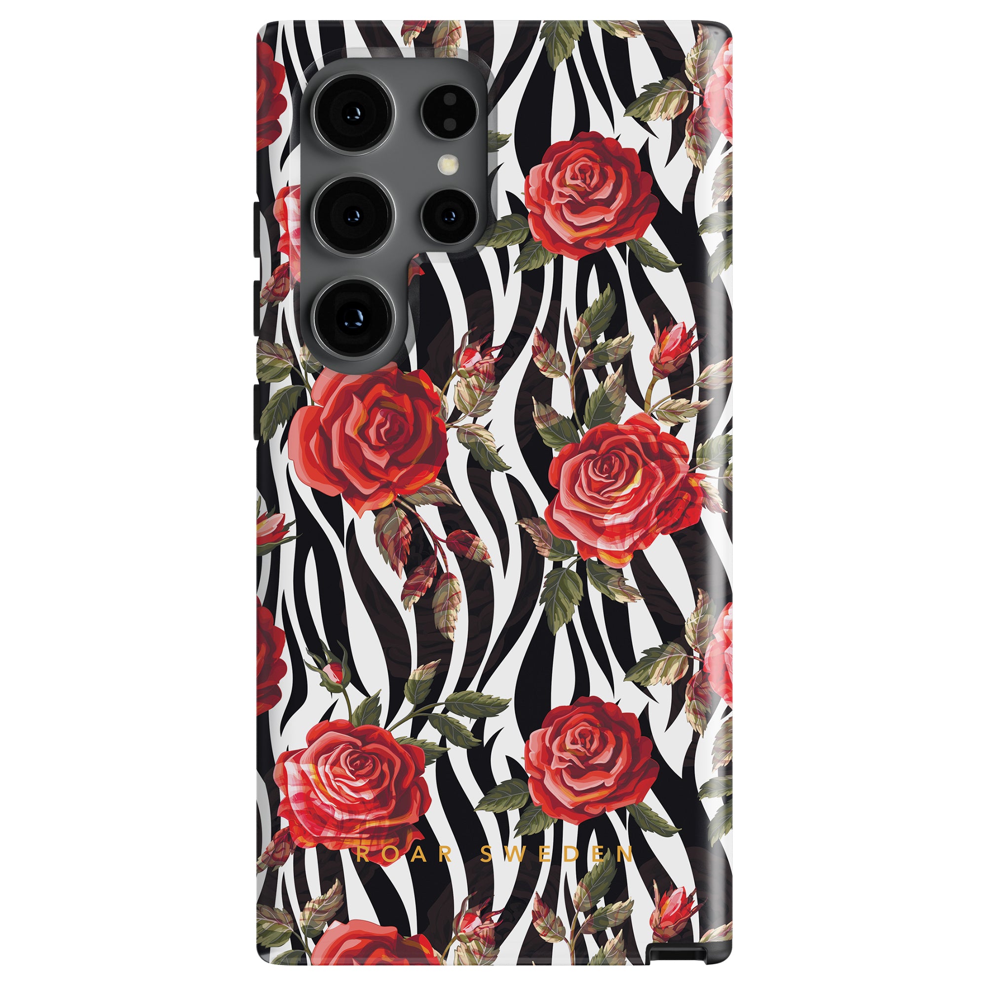 The Rose - Tough case from the Floral Collection showcases a stunning pattern of red roses and green leaves set against a bold black and white zebra-striped background.