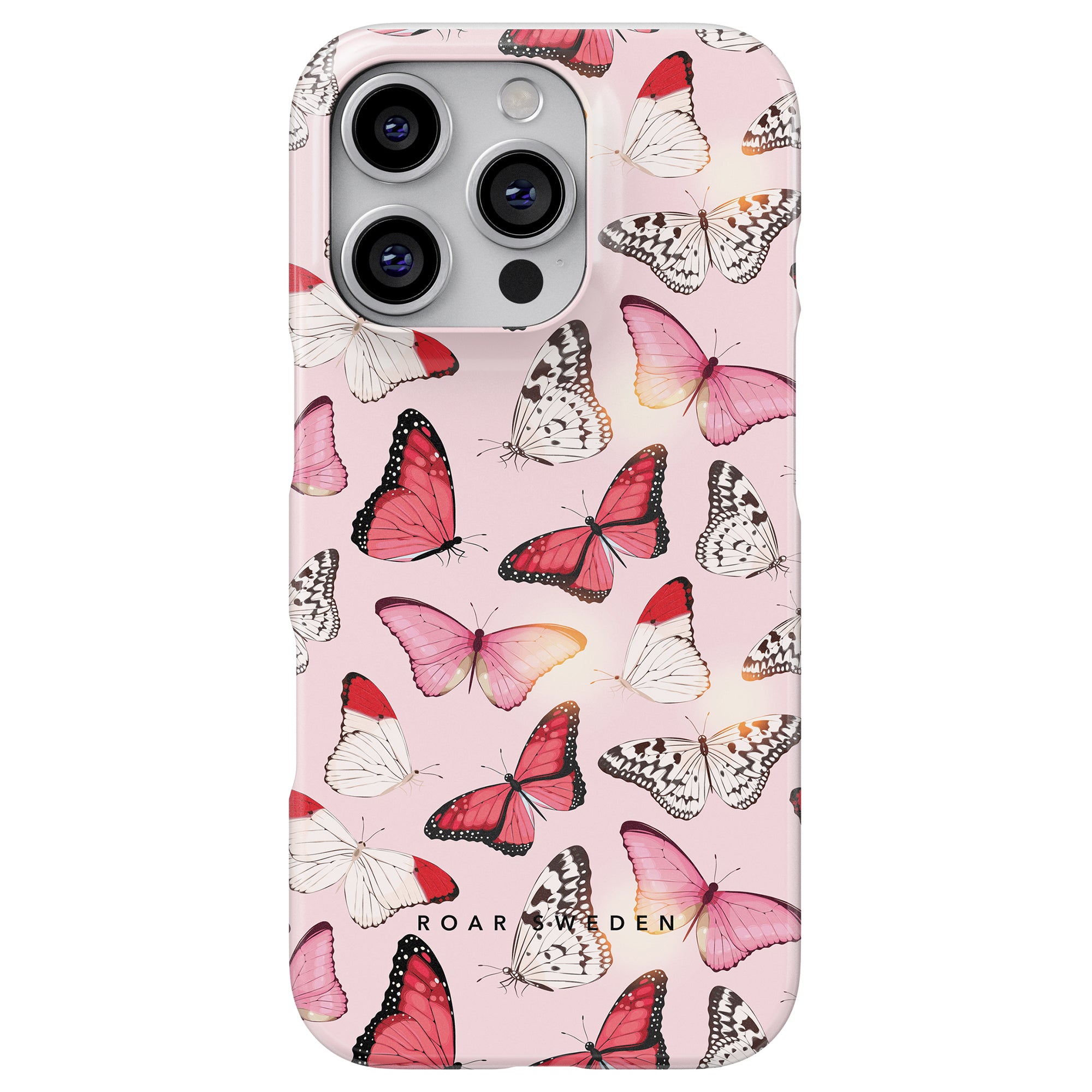 En smartphone inkapslad i Rosy Butterflies - Slim fodral, med en livlig design av röda, rosa och vita fjärilar på en rosa bakgrund.