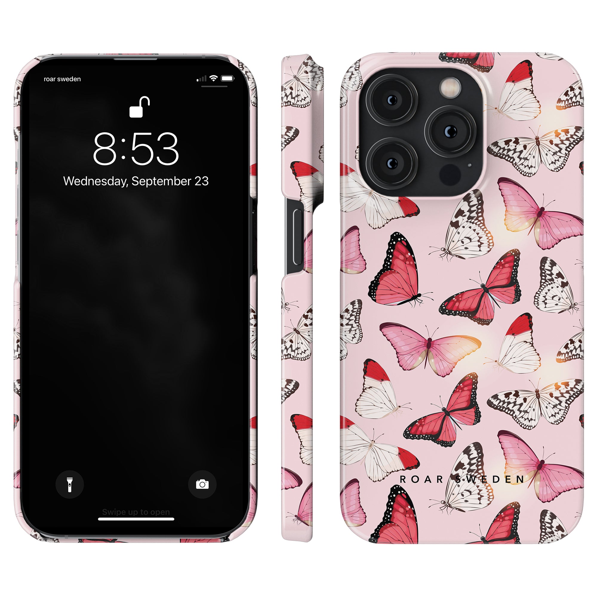 Smartphone displaying the time 8:53 and date Wednesday, September 23, fitted with a Rosy Butterflies - Slim Case from the Conservatory Collection.