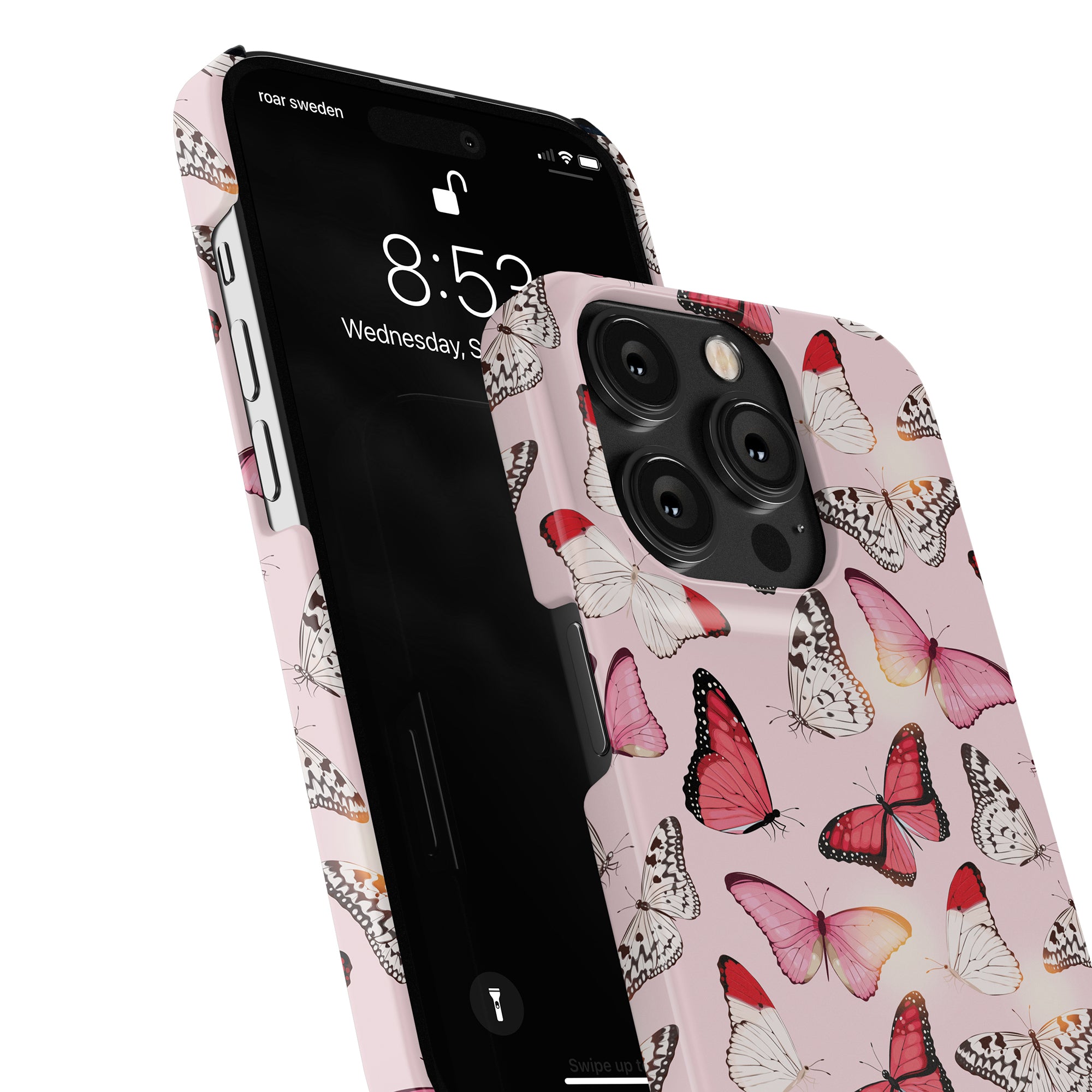 A smartphone featuring a Rosy Butterflies - Slim case from the Conservatory Collection is shown. The phone displays the time as 8:53 and the date as Wednesday, September 14.