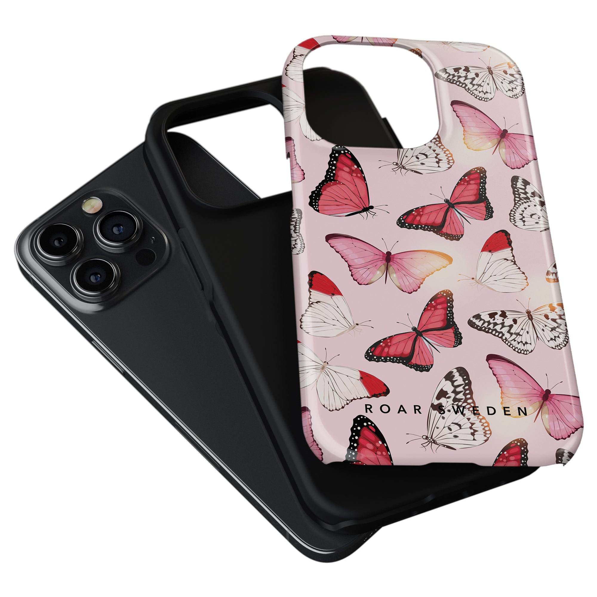 Two smartphone cases: one black and the other from the Conservatory Collection, named "Rosy Butterflies - Tough case," featuring a design with pink, red, and white butterflies on a light pink background.