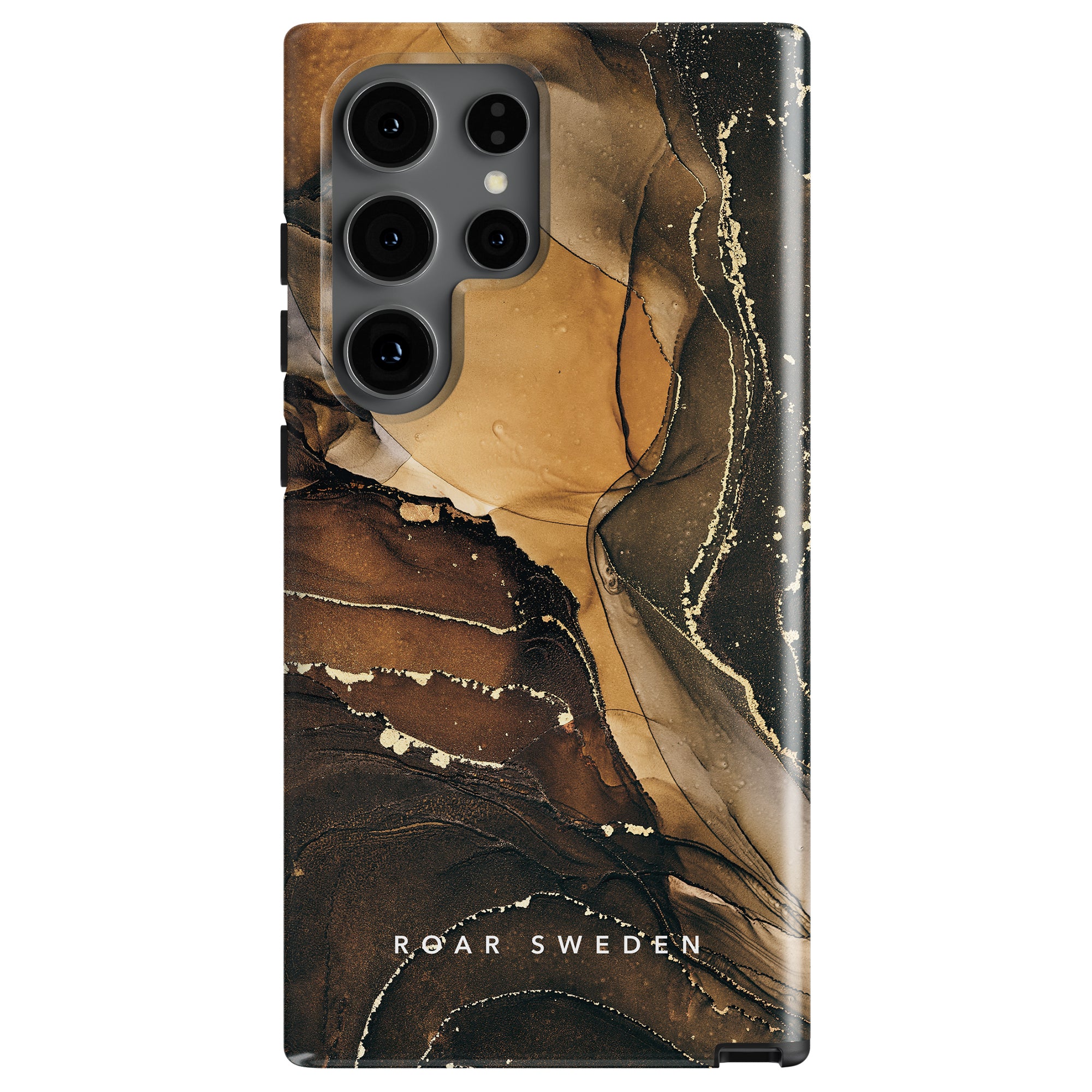 Royal Marble - Tough case with an abstract, lyxigt marmormönster in shades of black, brown, and beige featuring the brand name "ROAR SWEDEN" at the bottom.