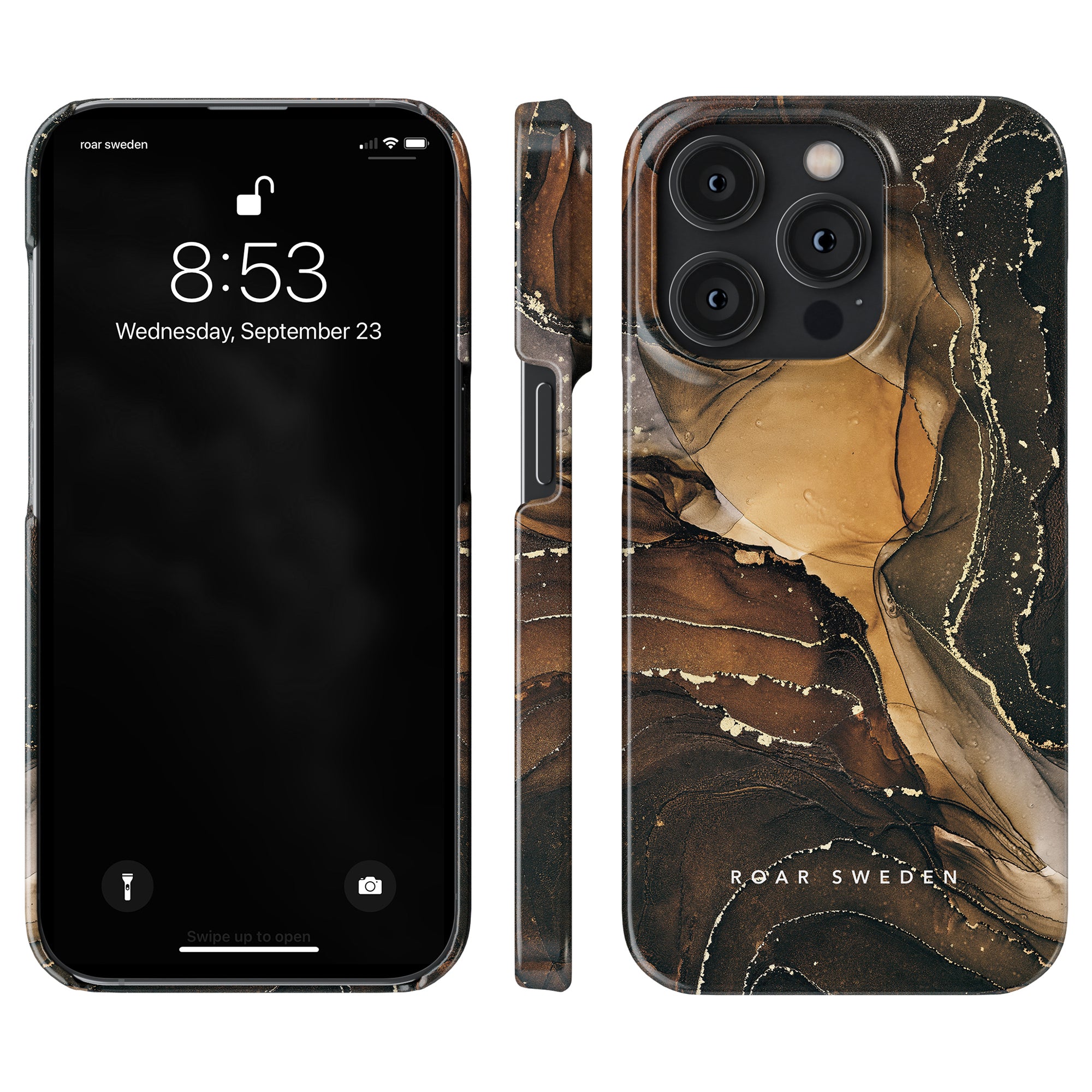 Ett Royal Marble - Tunt fodral för iPhone 11 Pro, med ett svart och brunt marmormönster.