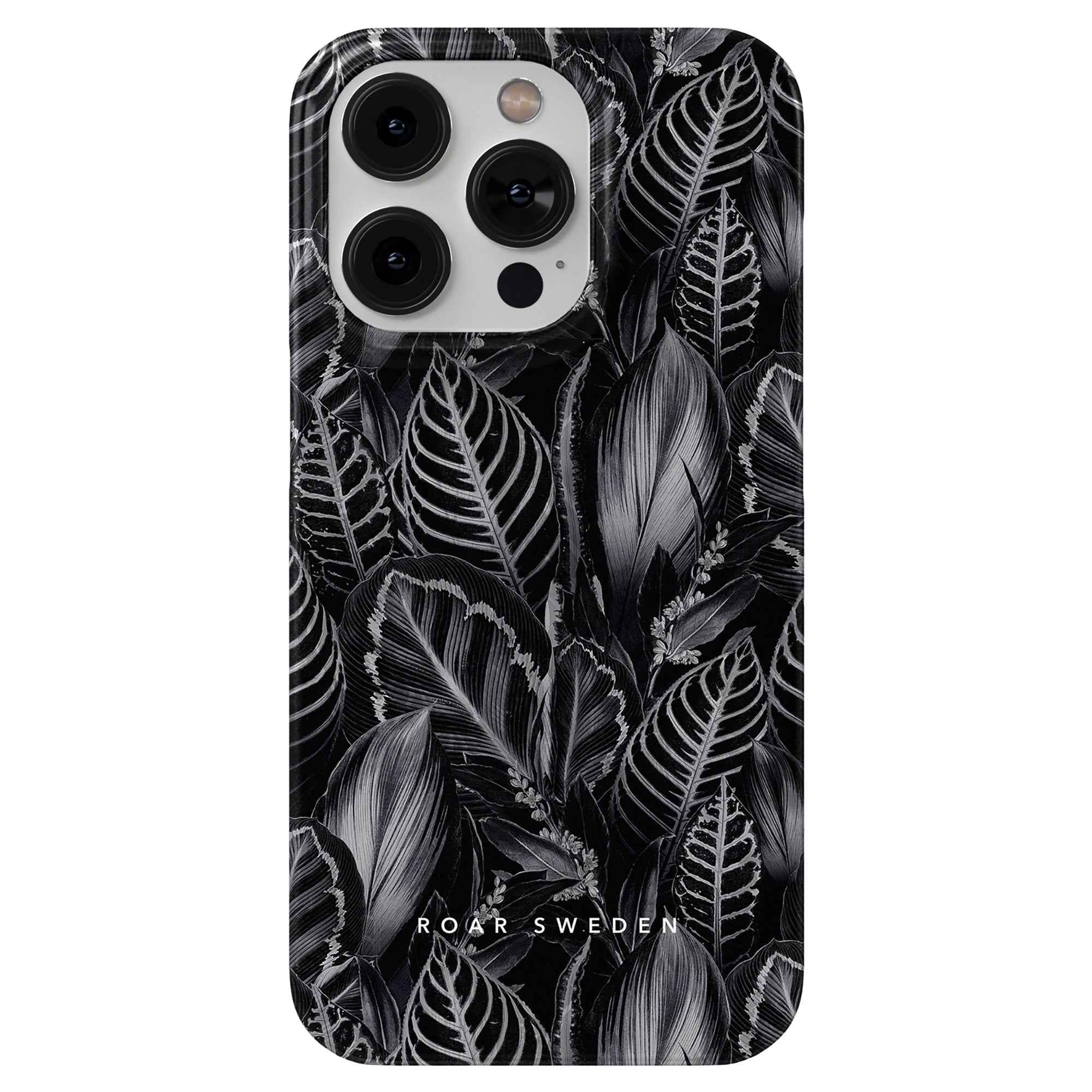 Smartphone with a Dark Leaves - Slim case blending into a matching background, equipped with a fitness tracker app that monitors heart rate.