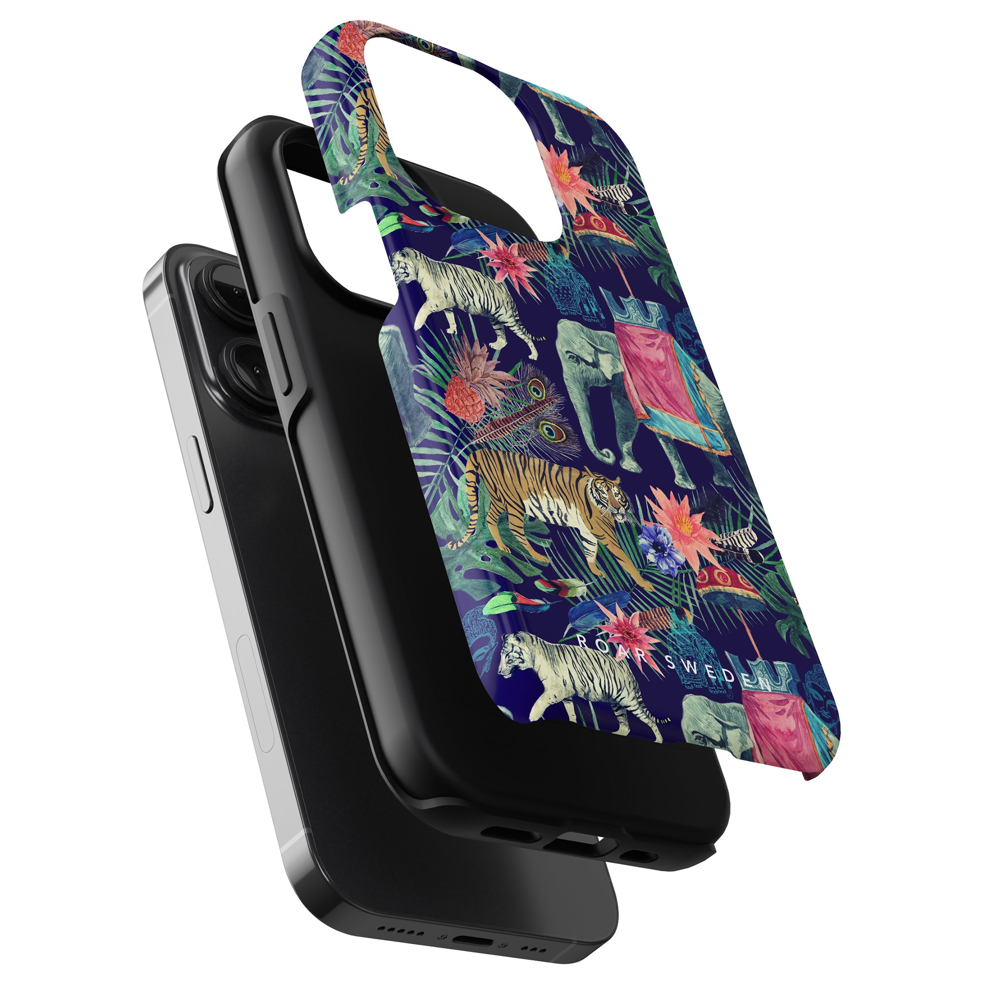 A smartphone with a colorful, jungle-Bombay attached to a black charging dock supporting trådlös laddning.