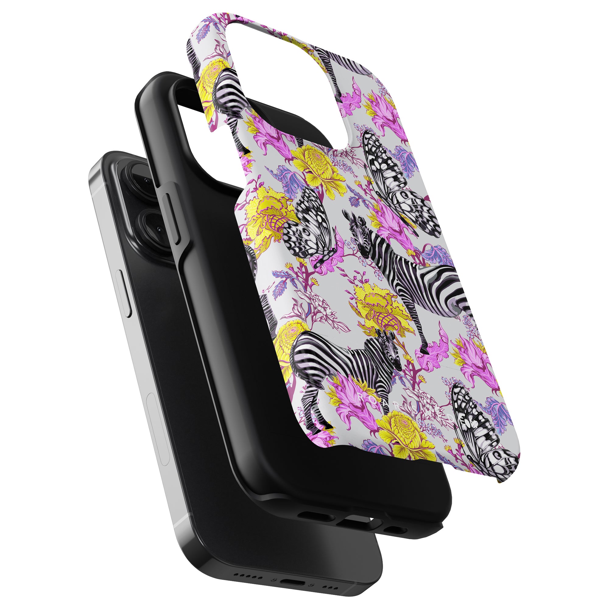 Smartphone with a floral and Exotic Zebra - Tough Case on a wireless charging stand.