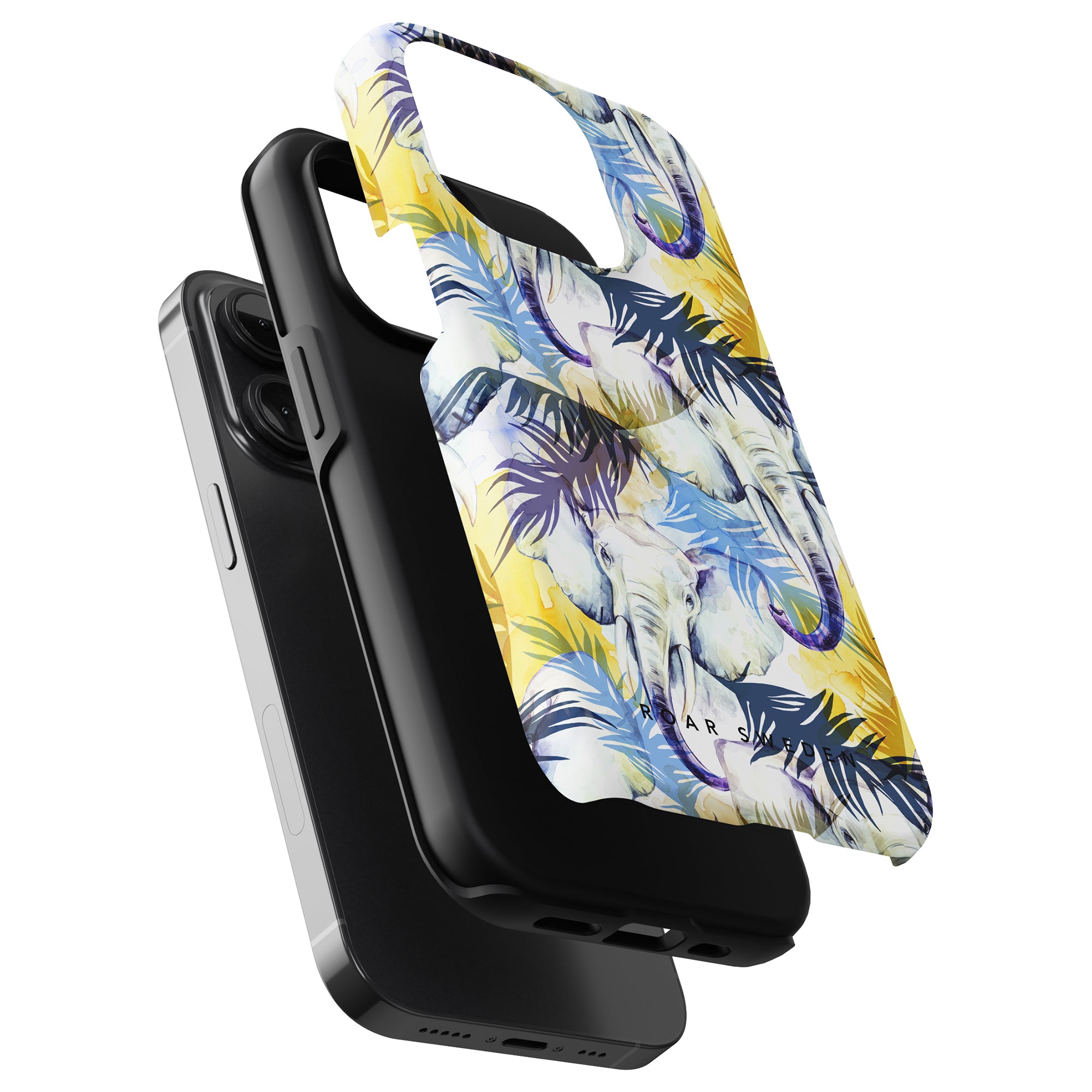 A smartphone with a black Gaja - Tough Case attached to a colorful strap with a tropical leaf pattern.