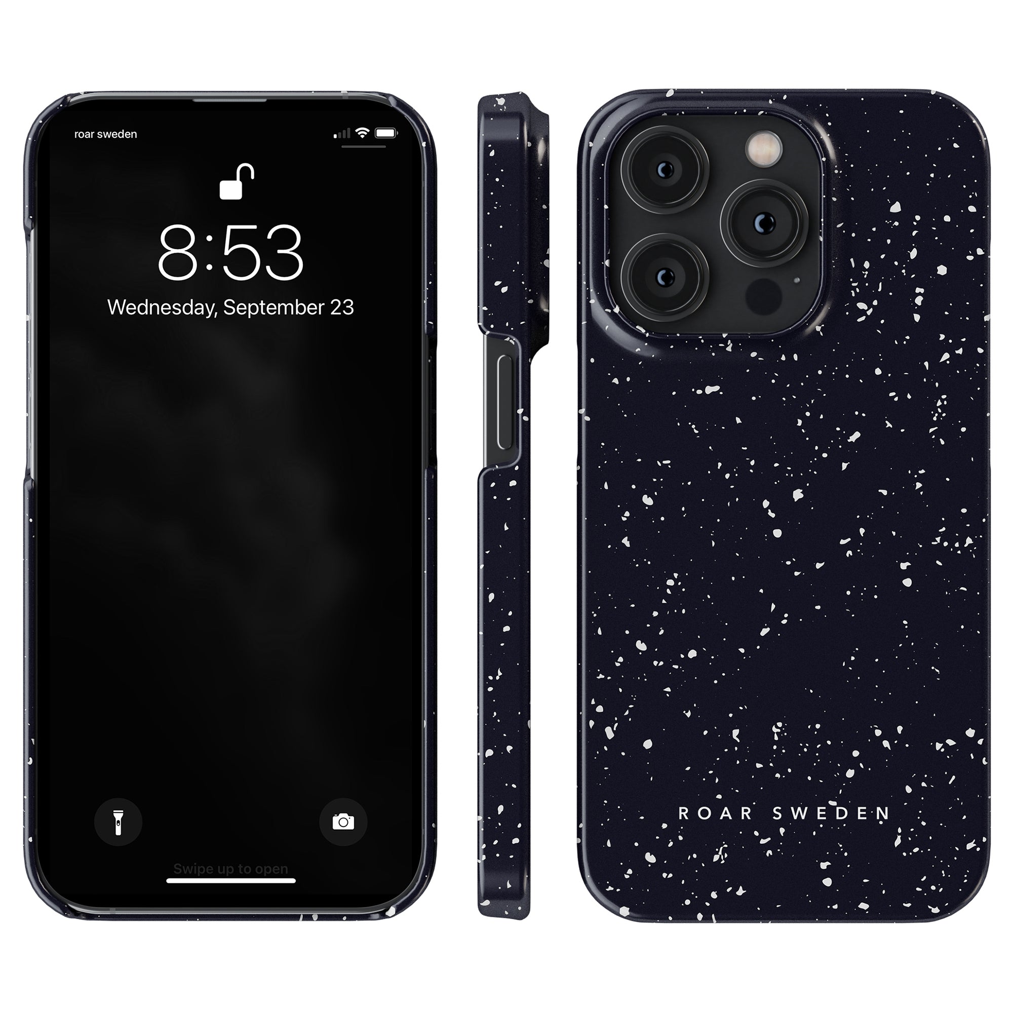 Black smartphone with a Night Stars - Slim case viewed from the front, side, and back.