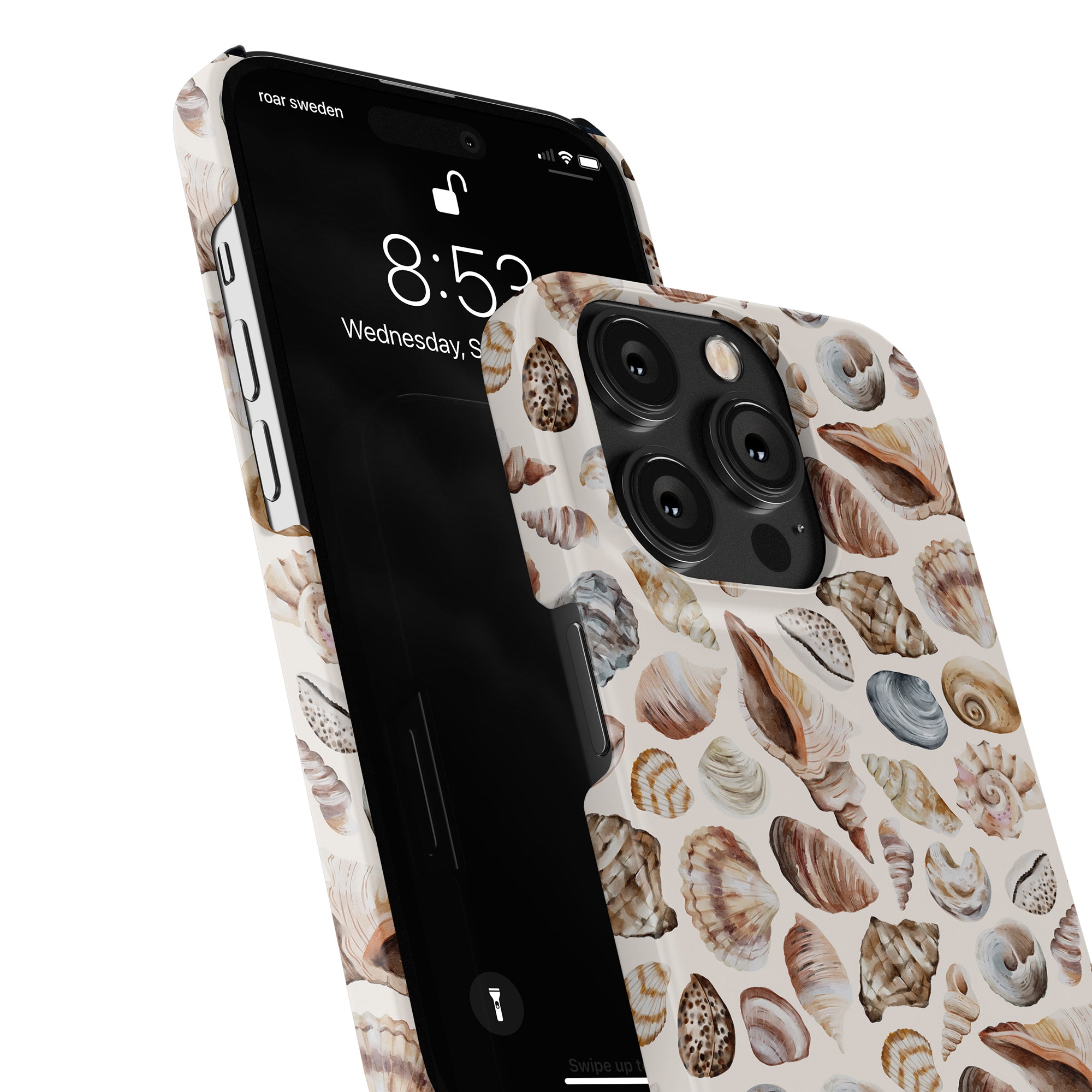 A Beach Shells - Slim case smartphone with a seashell-patterned case viewed from an angle, displaying the lock screen, optimized for SEO.