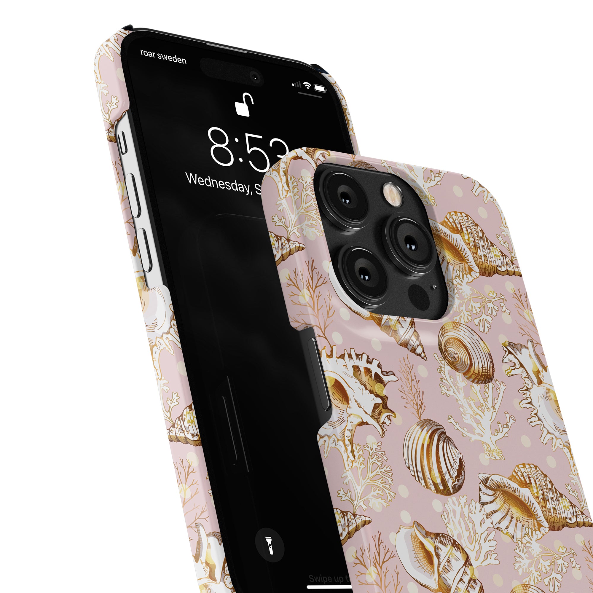 Two smartphones with Bivalvia patterned slim cases from the ocean collection, one displayed screen-on and the other screen-off, facing opposite directions.