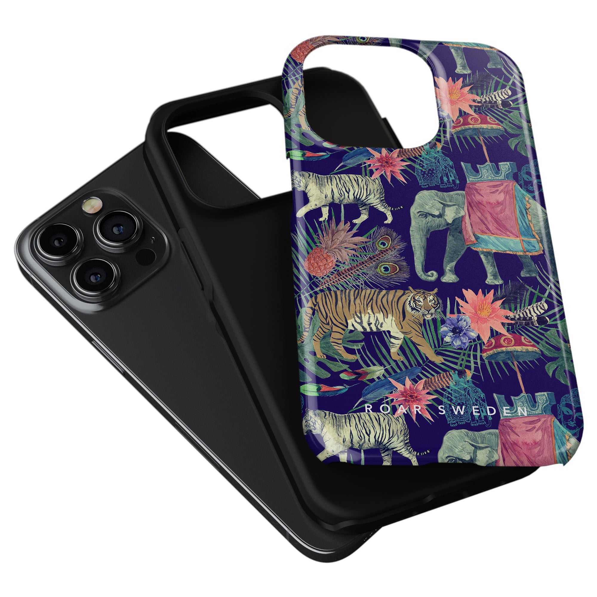 A smartphone with a triple-camera setup in a black Bombay - Tough Case next to another case featuring maximalt skydd and a colorful jungle-themed print.