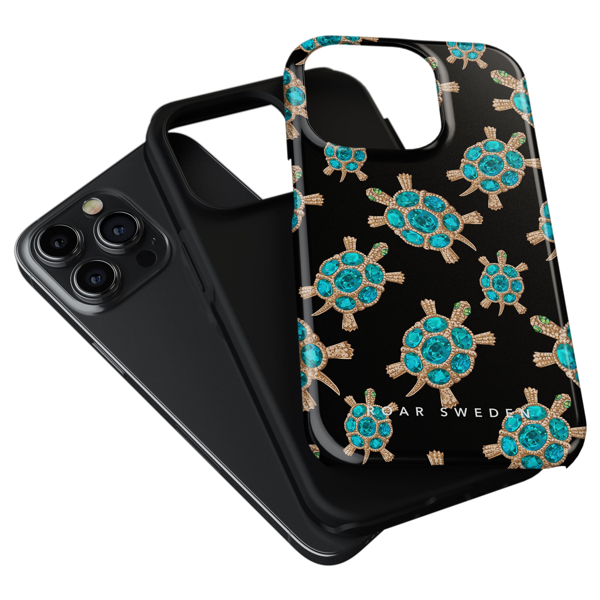Black smartphone with a triple camera system and a Diamond Turtle - Tough Case from the Ocean Collection.