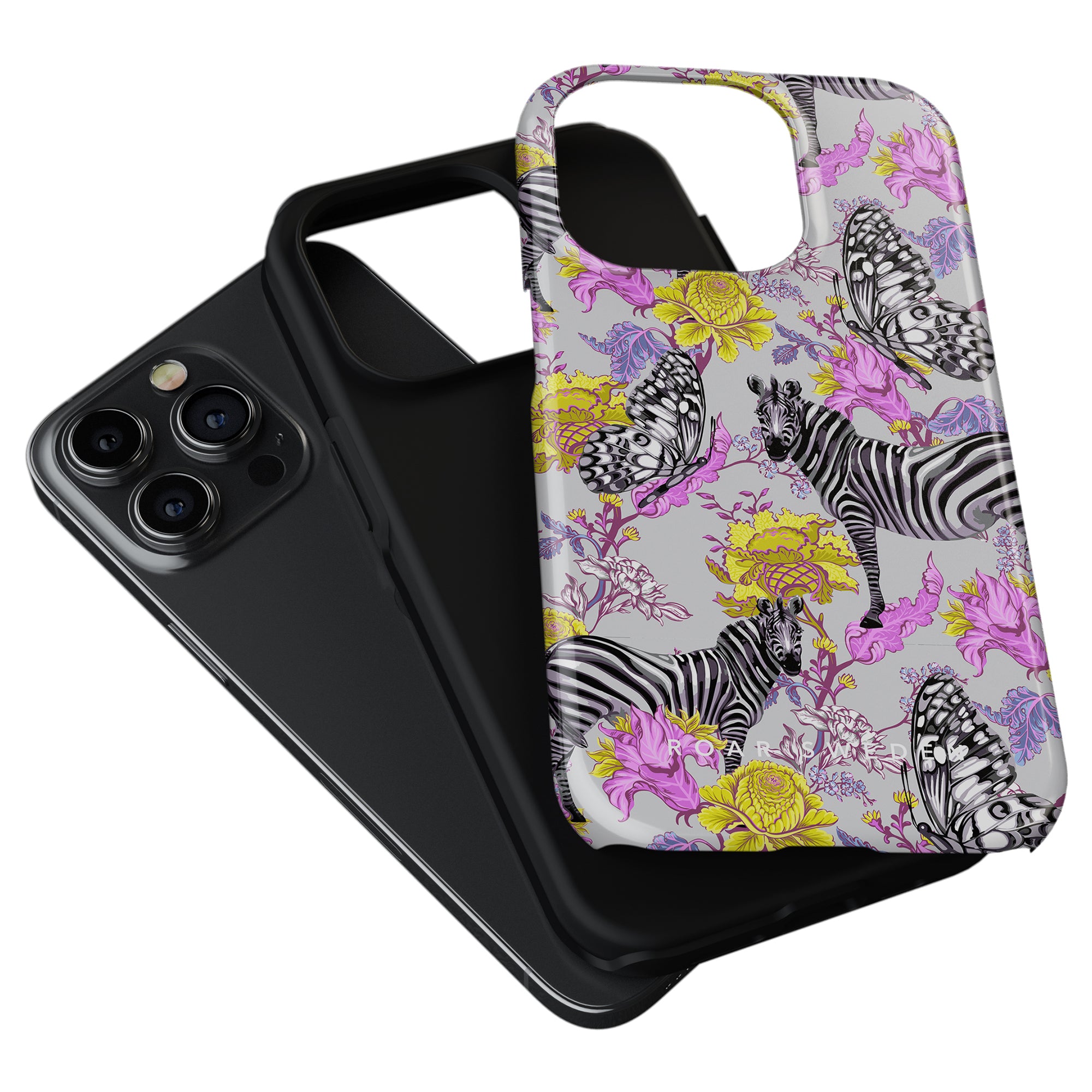 A black smartphone with a triple-camera system next to an Exotic Zebra - Tough Case featuring an Exotic Zebra and floral print design.