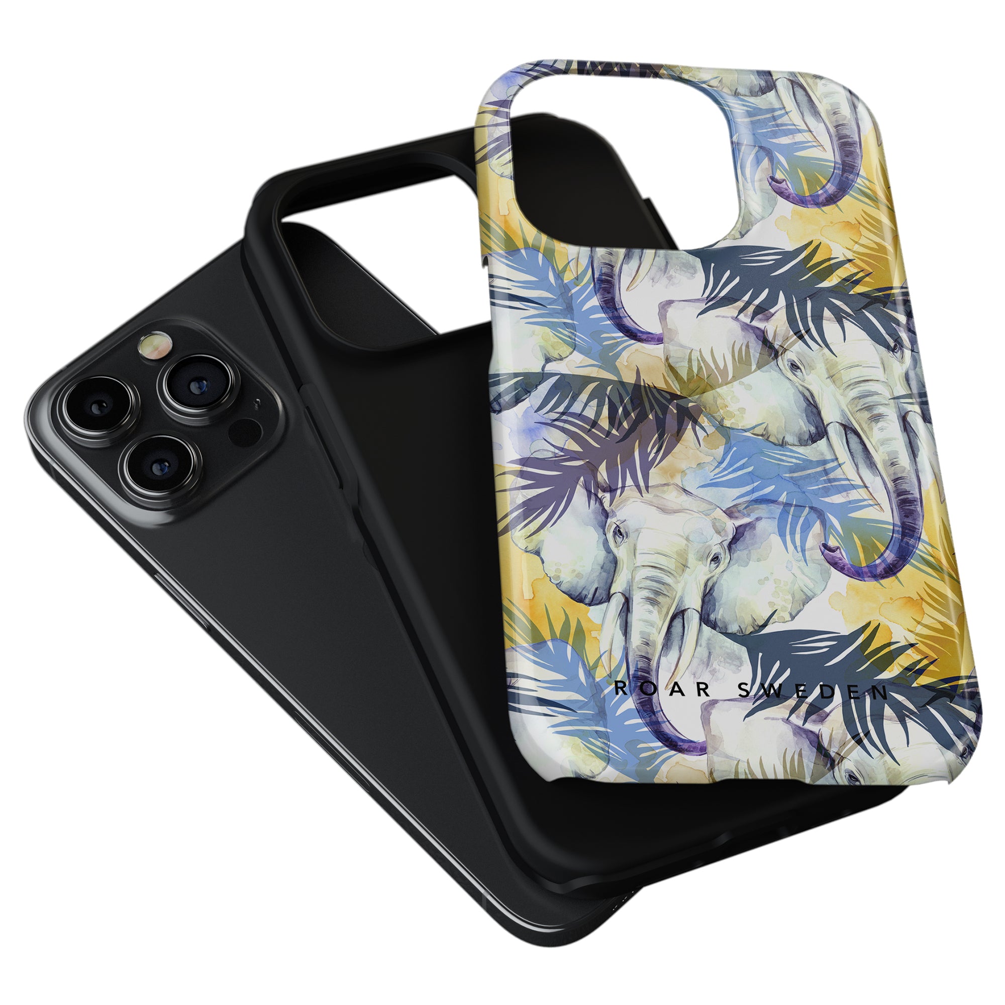 A black smartphone with a triple-lens camera next to a Gaja - Tough Case featuring a colorful elephant and tropical leaf design from the jungle-kollektionen.