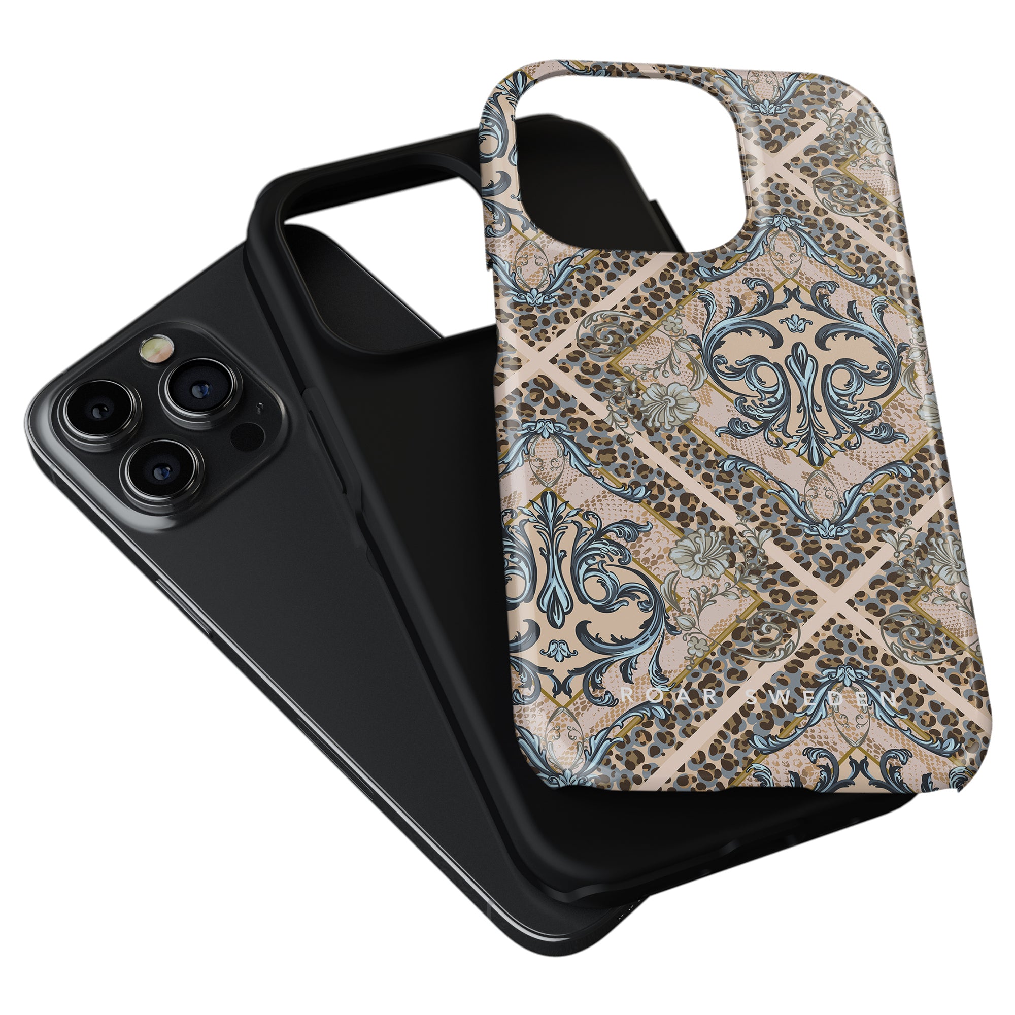 A black smartphone with a triple camera system beside an ornate Leonard - Tough Case with a blue and gold pattern.