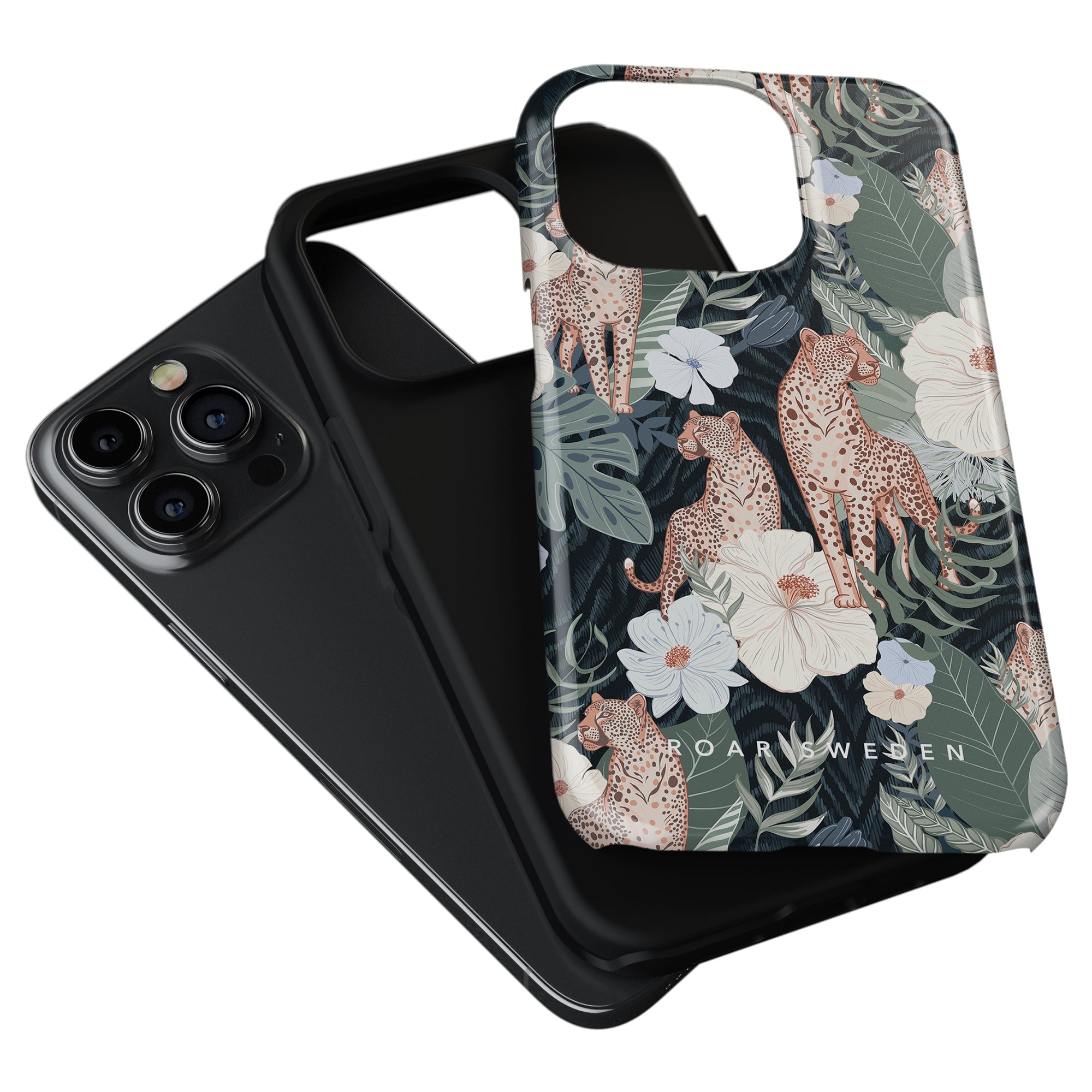 Two smartphone cases, one plain black and one with a floral design from the Leopardess Collection, positioned adjacent to each other as tough cases.