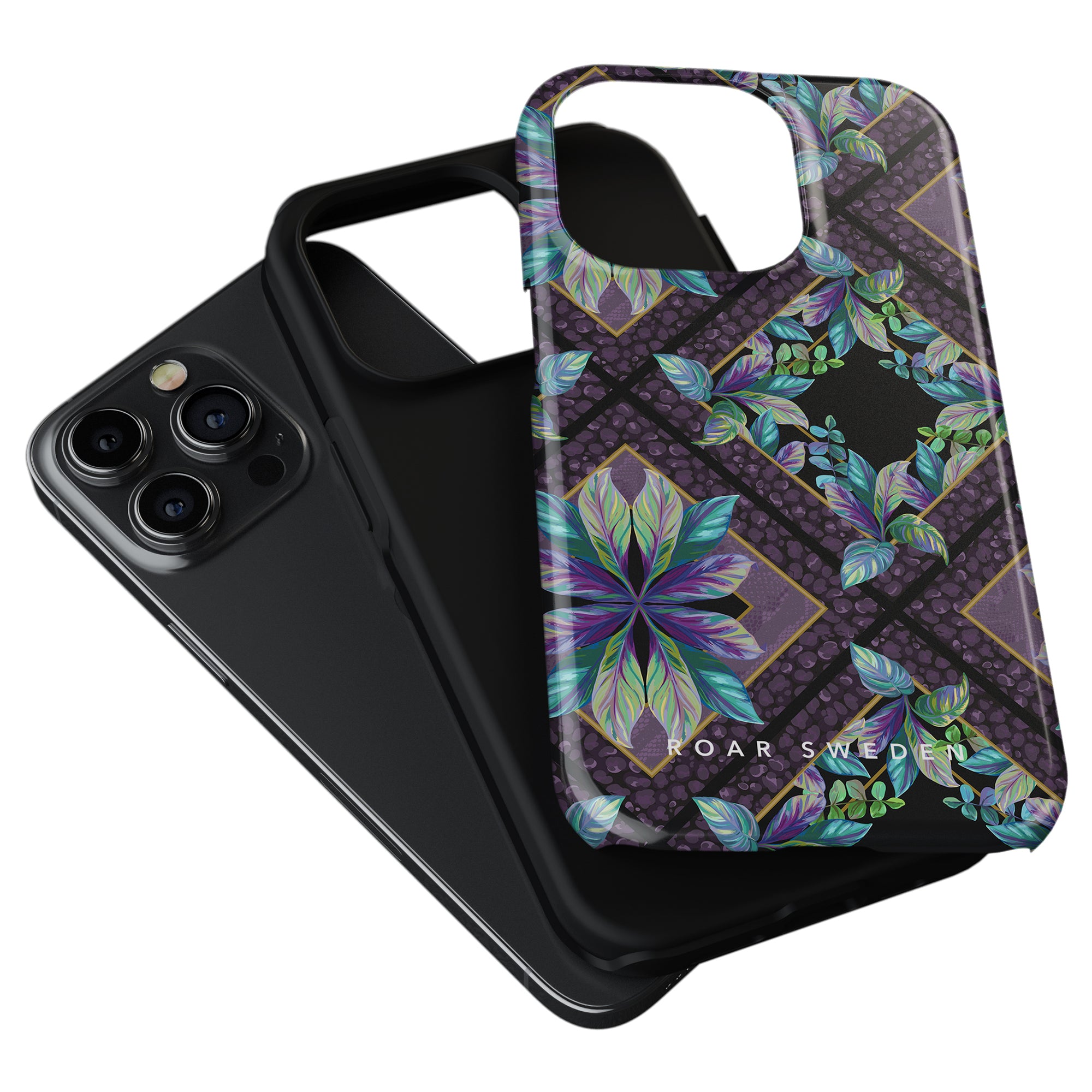 Sentence with the product name: Black smartphone with a triple-lens camera paired with a Lush - Tough Case, featuring leaves and the text "ideal of sweden.