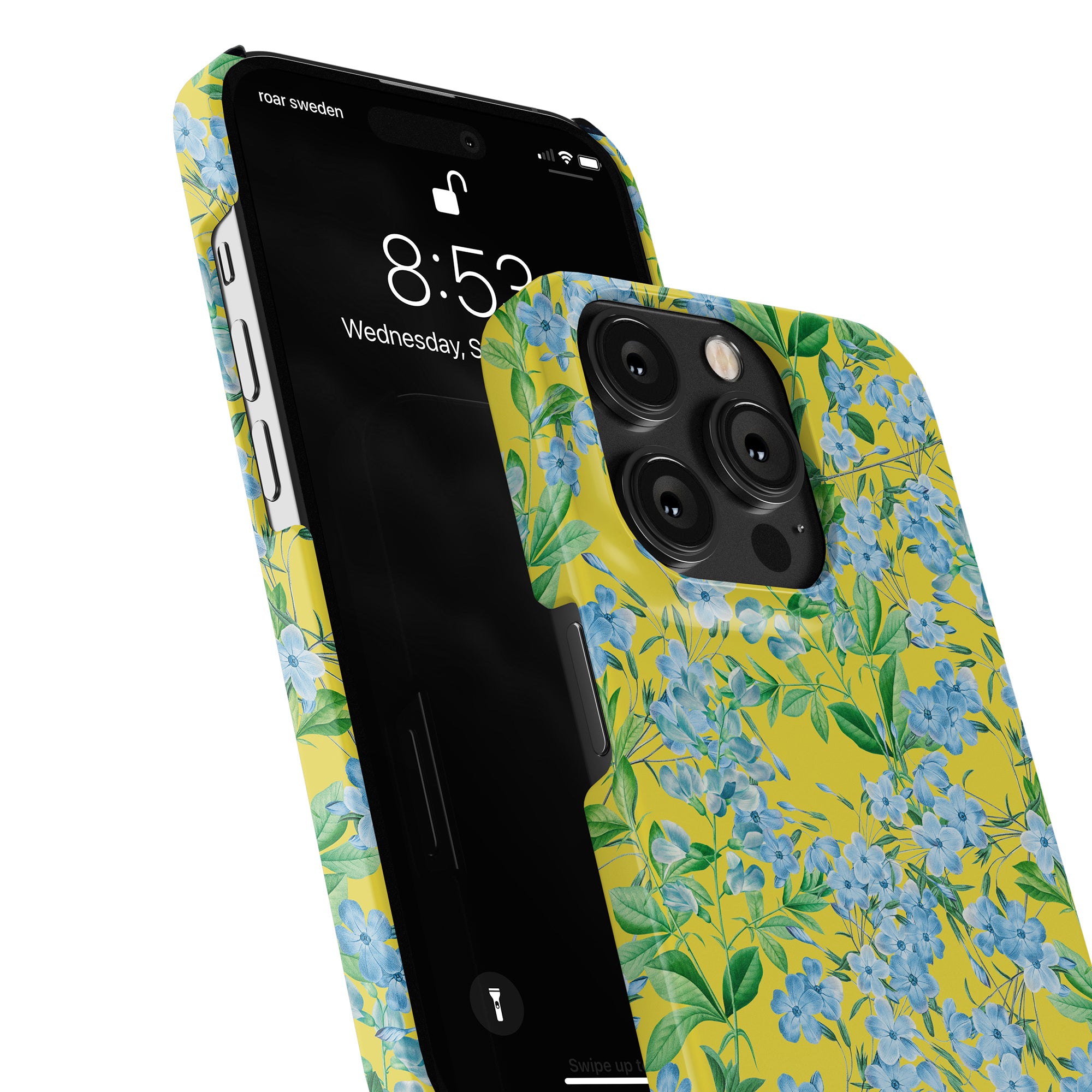 A smartphone with a Spring Ditsy - Slim case seen from a perspective that showcases both the front screen and rear camera design, perfect for your product description needs in SEO.