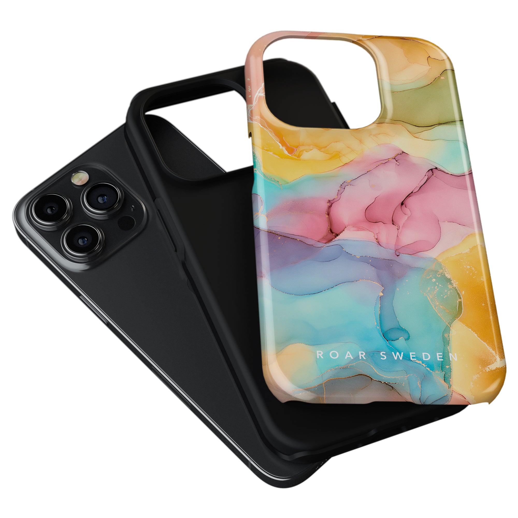 Two Summer Breeze tough smartphone cases, one black and one with a colorful marble design, arranged diagonally over a white background.