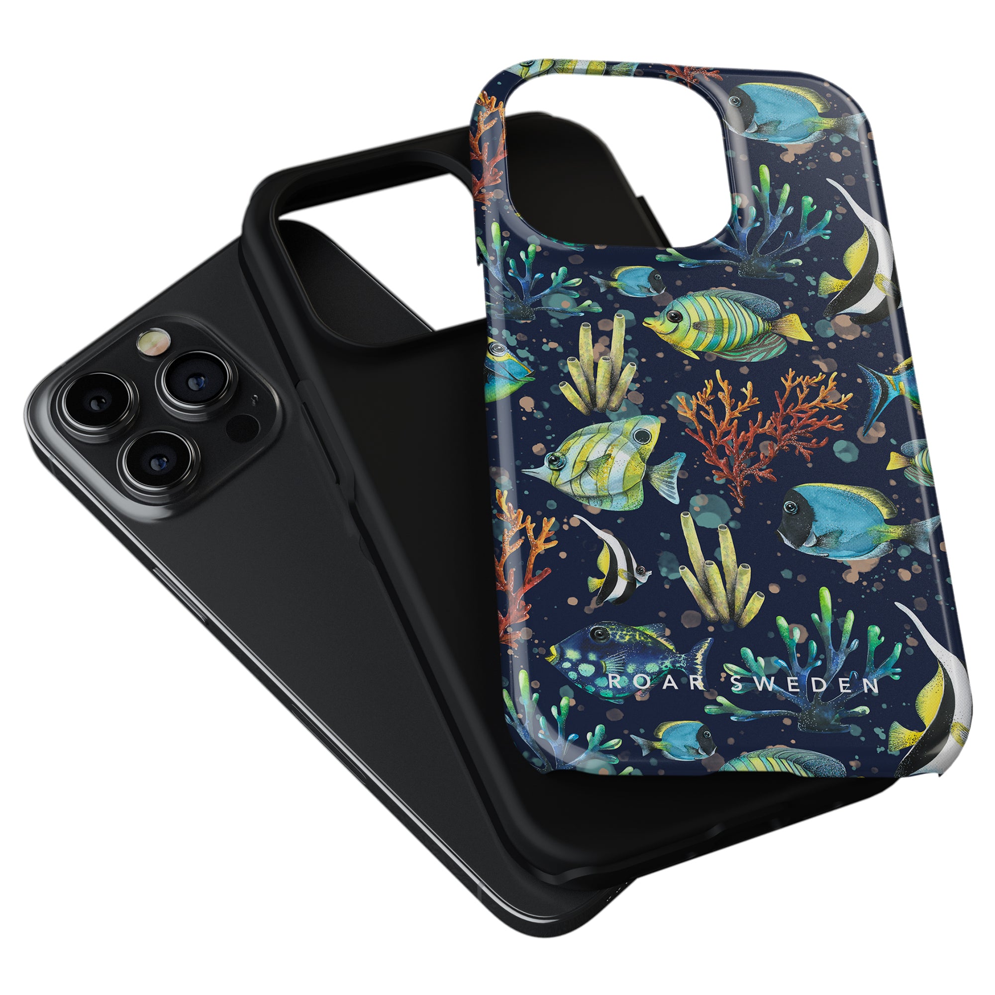 A smartphone with a triple-camera setup alongside a Tropical Fish - Tough Case.